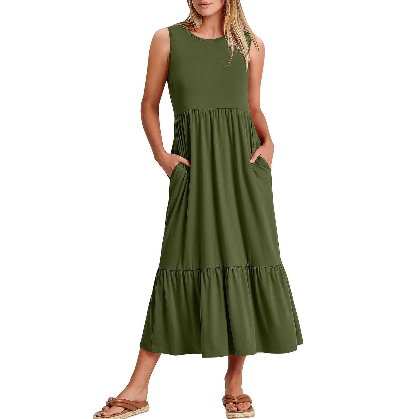 Ladies Sleeveless Simple Midi Dress, Pockets