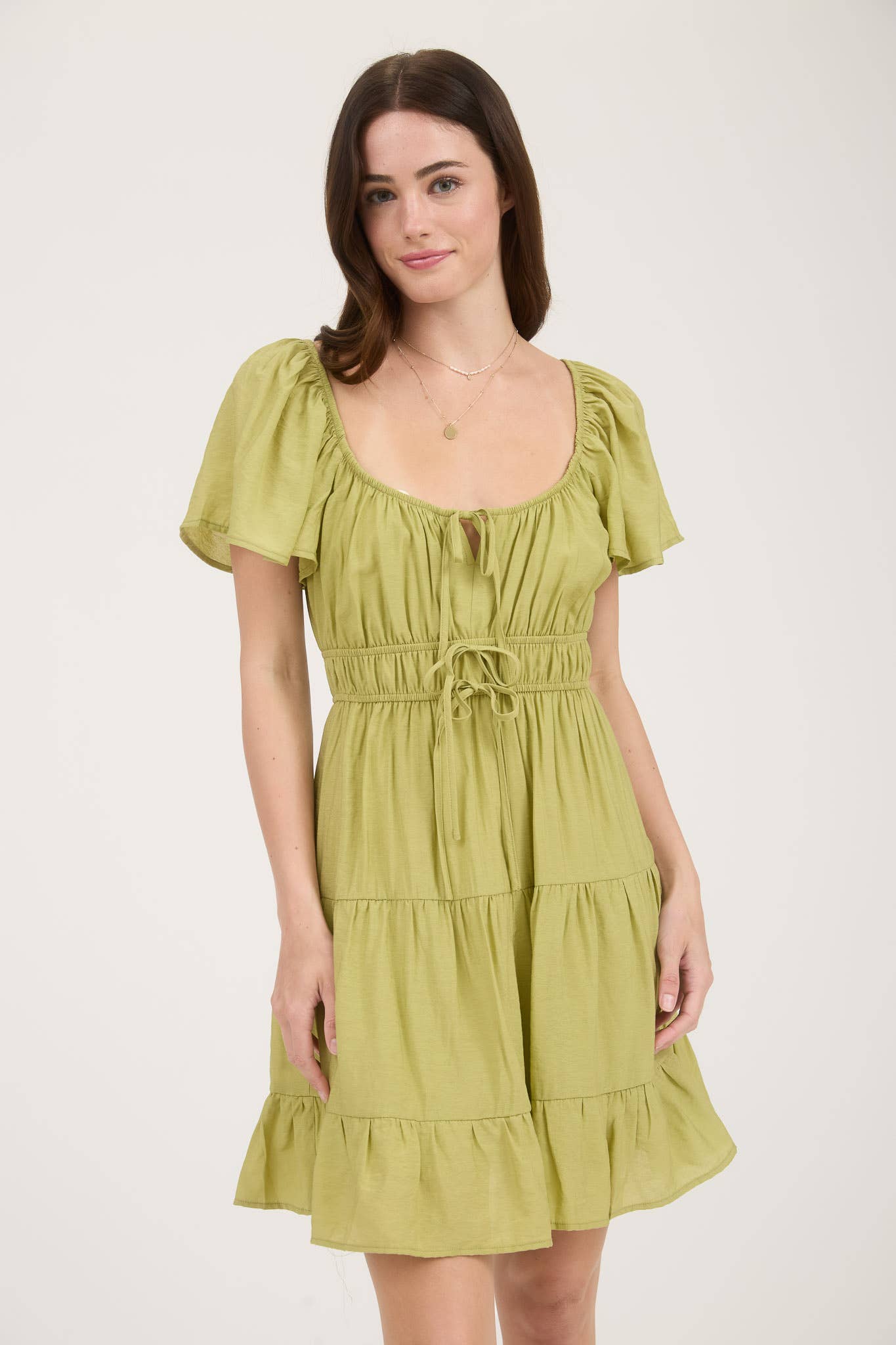 Front Tie Strap Short Sleeve Tiered Mini Dress