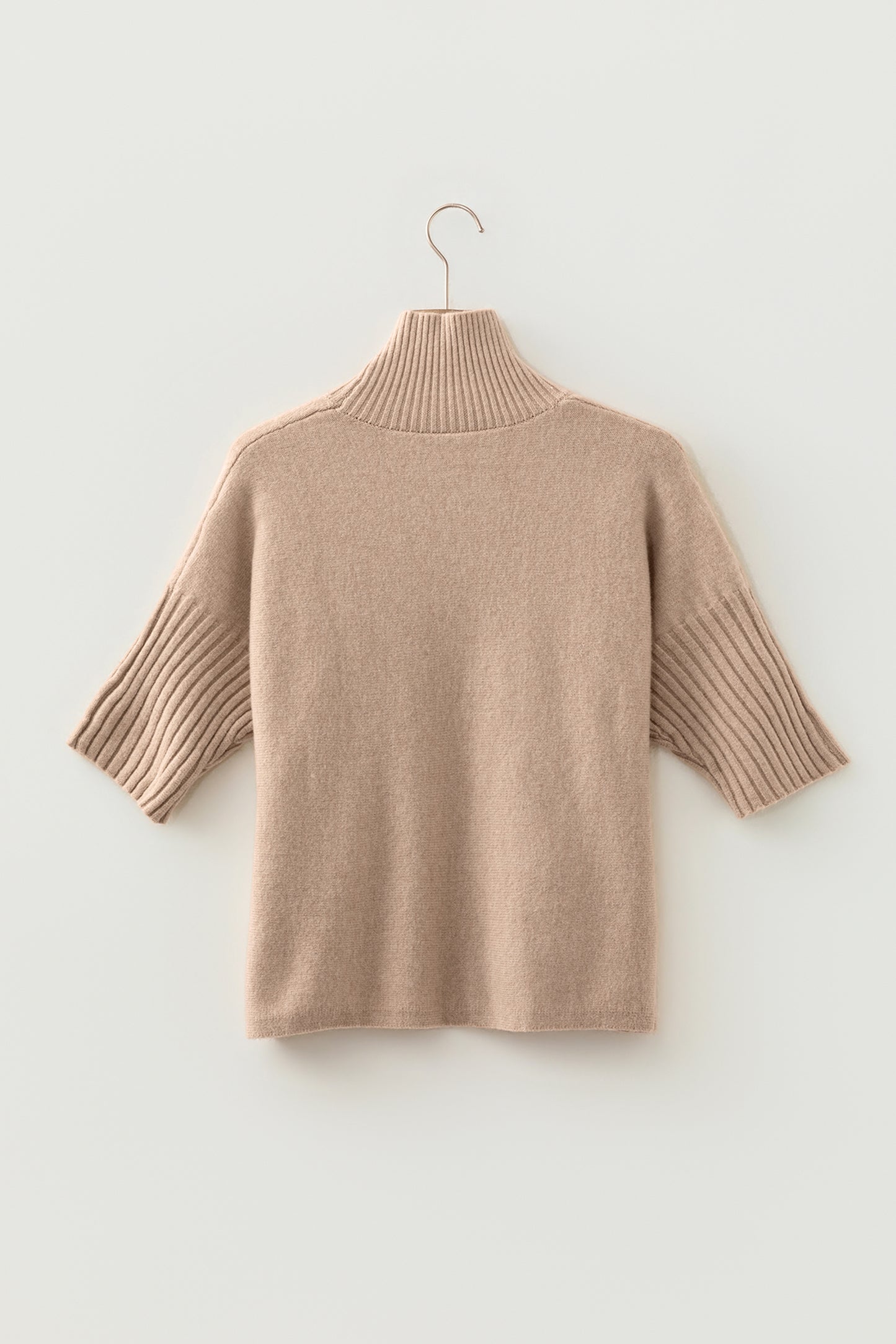 Beige Ribbed Trim High Neck Short Sleeve Casual Sweater