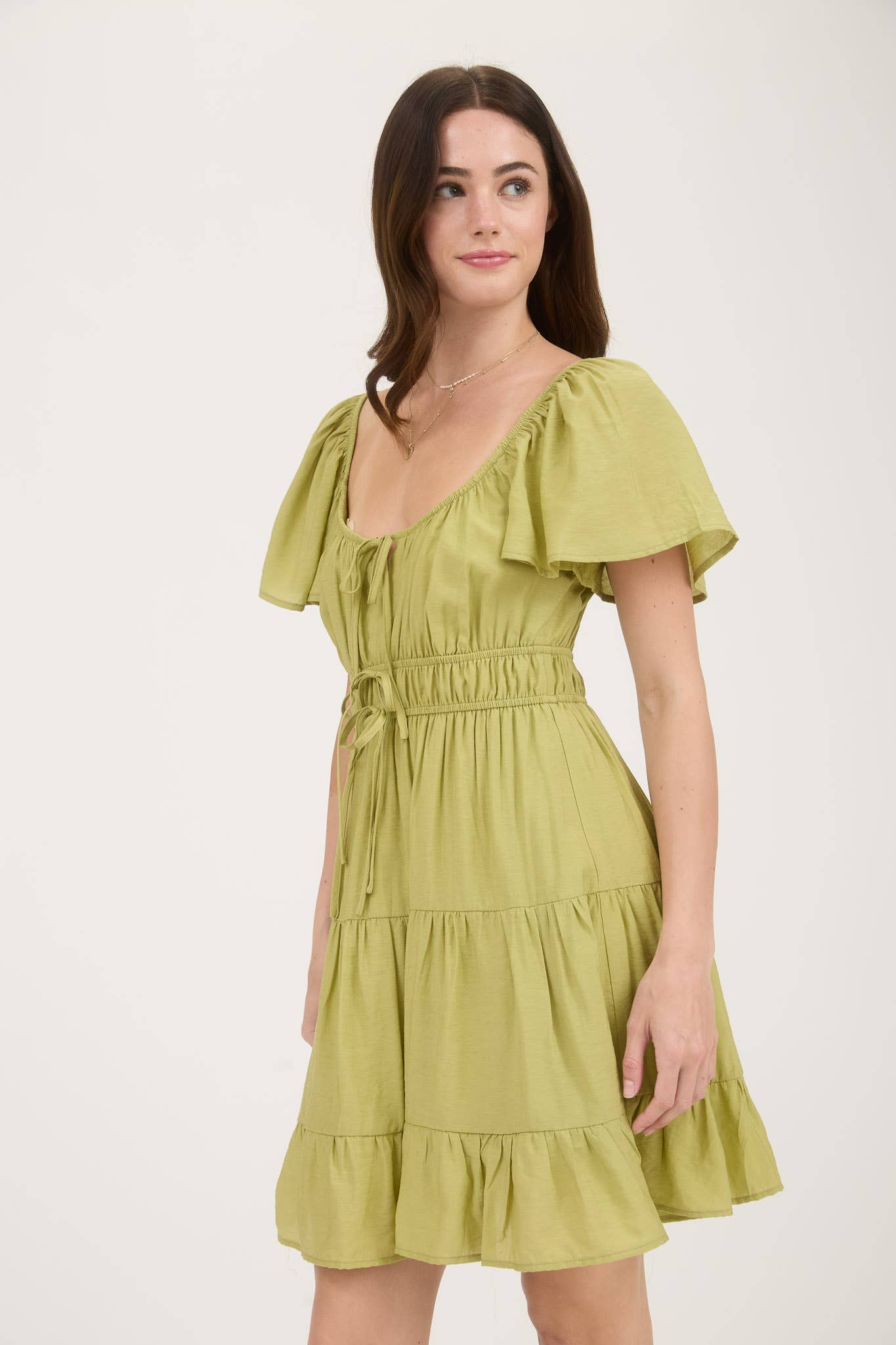 Front Tie Strap Short Sleeve Tiered Mini Dress