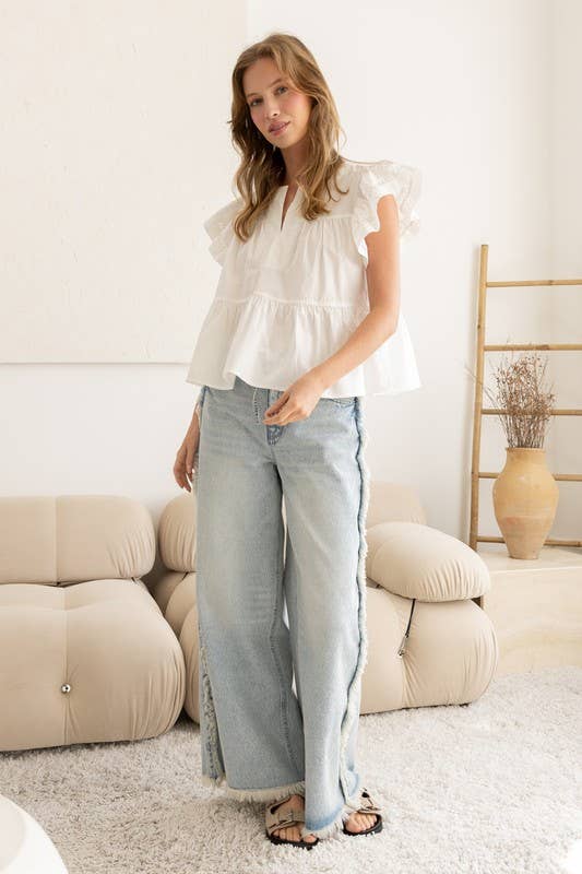Flutter Sleeve Top with Delicate Embroidery