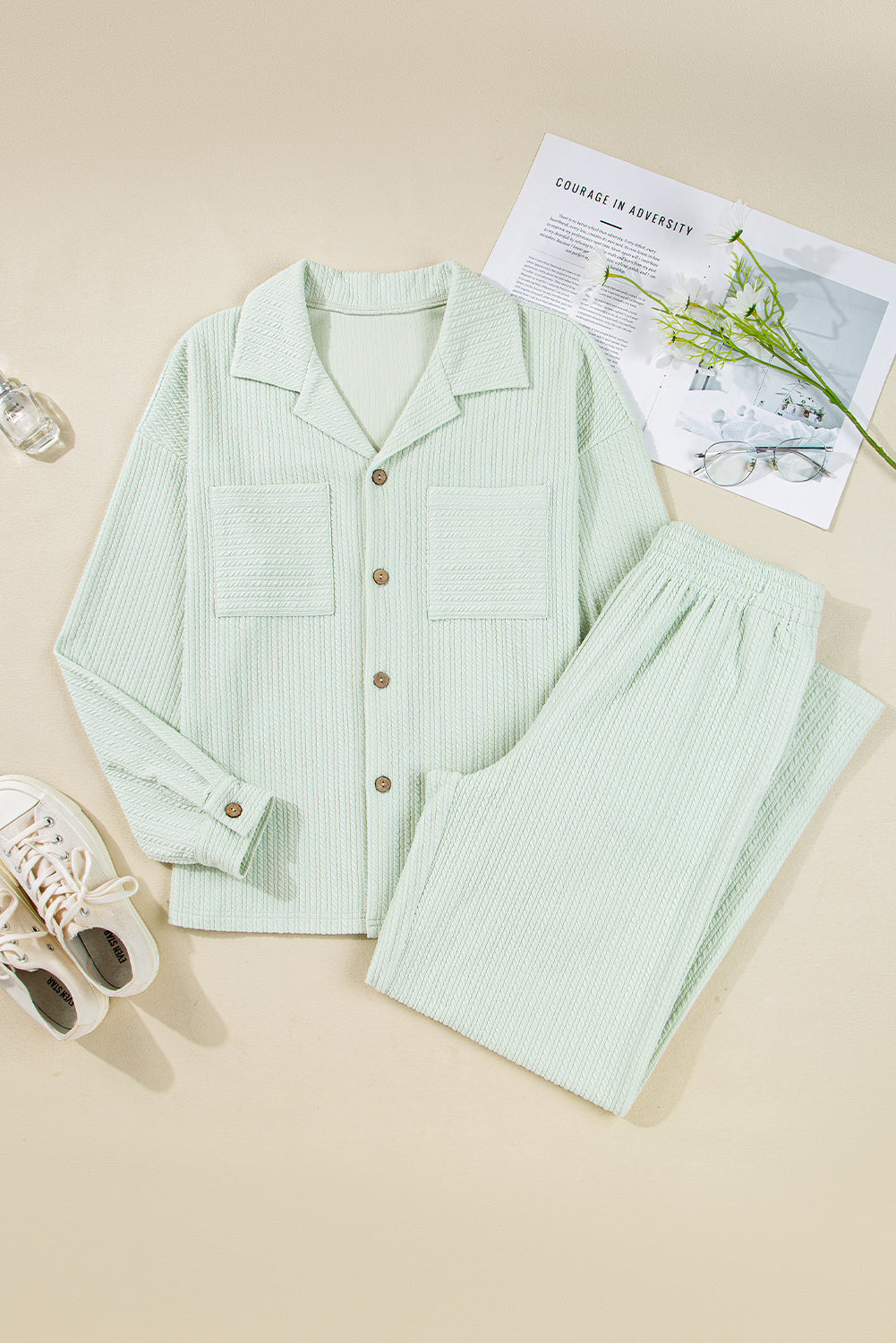 Clearly Aqua Textured Patch Chest Pocket Shirt and Pants Set