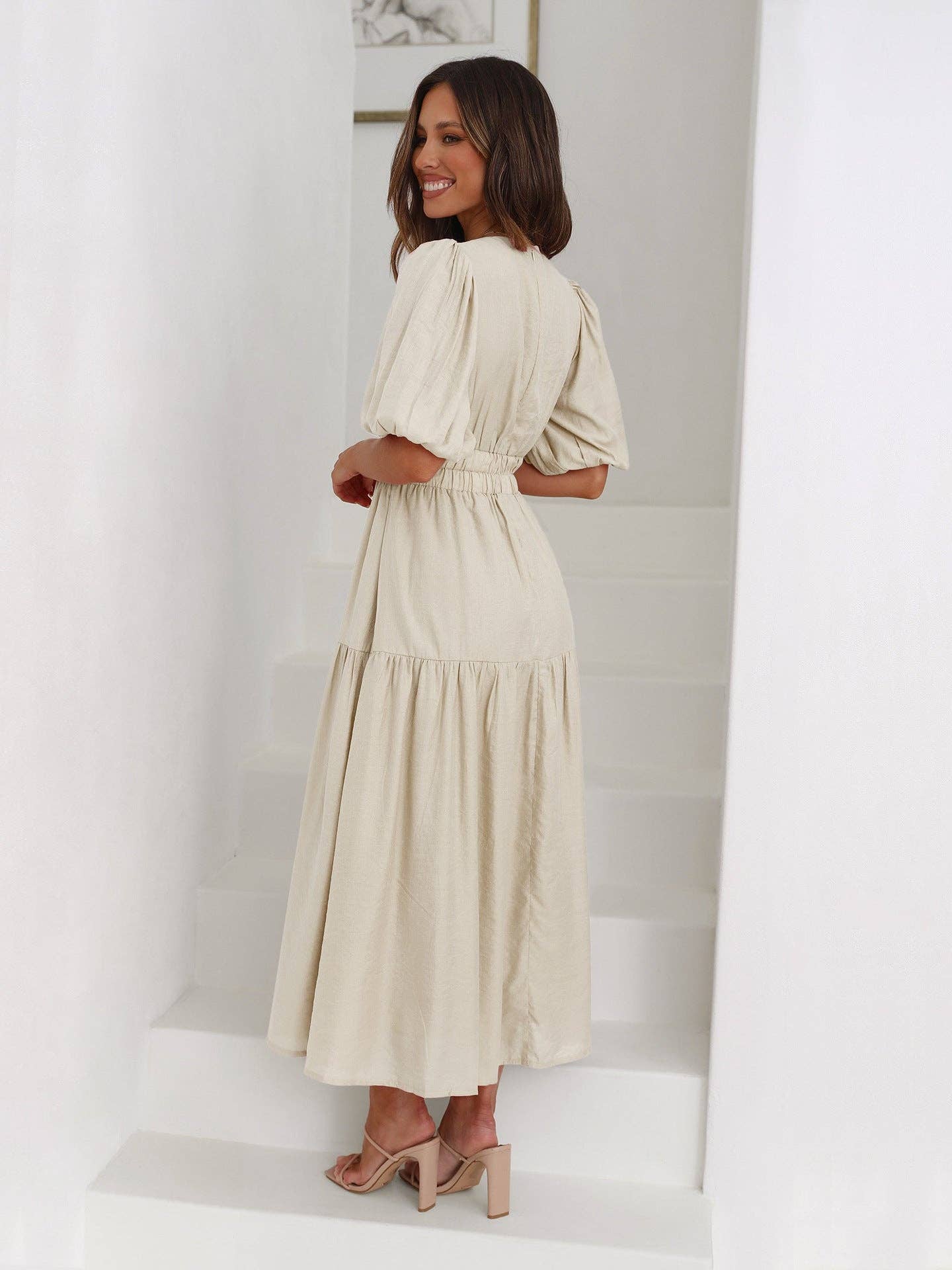 Ladies Bubble Sleeves V-Neck Daily Midis