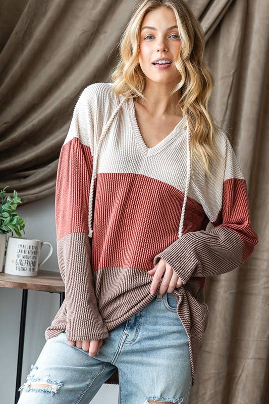 V-Neck Ribbed Drawstring Hoodie