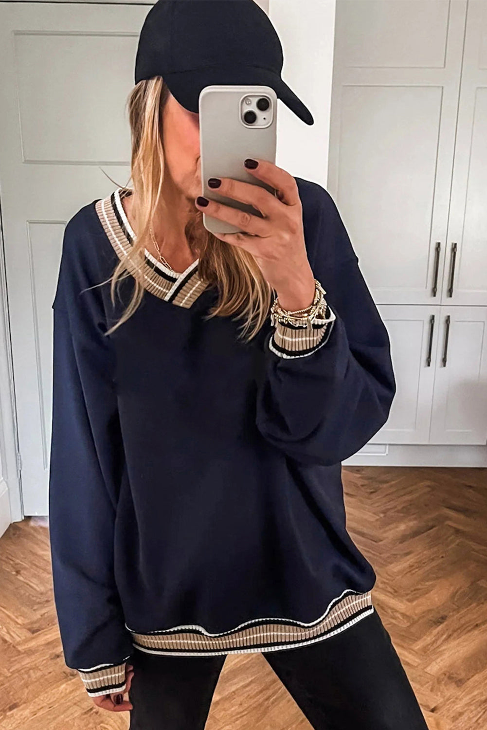 Parchment Varsity Contrast Trim V Neck Sweatshirt