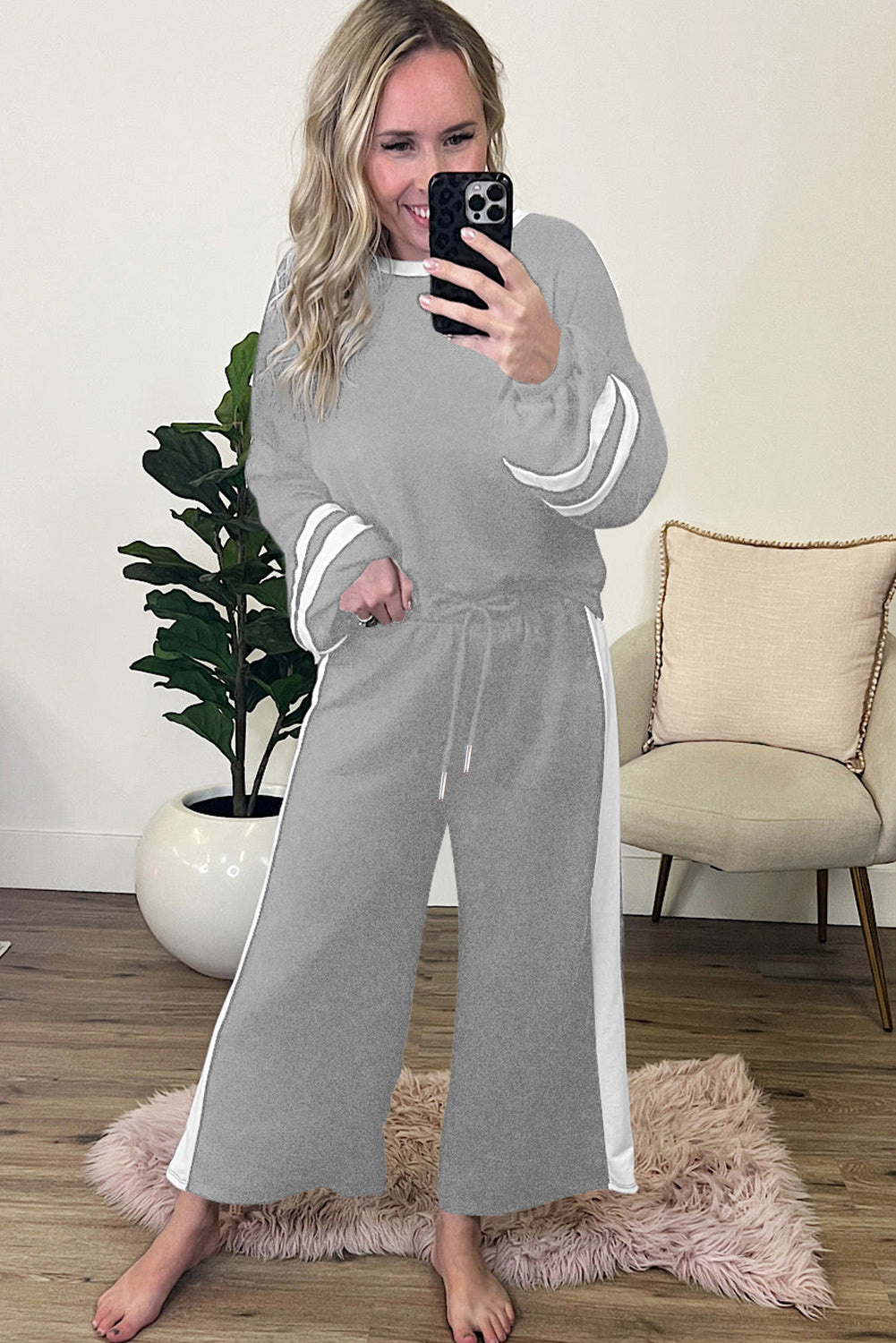Black Contrast Trim Long Sleeve Pullover and Pants Set