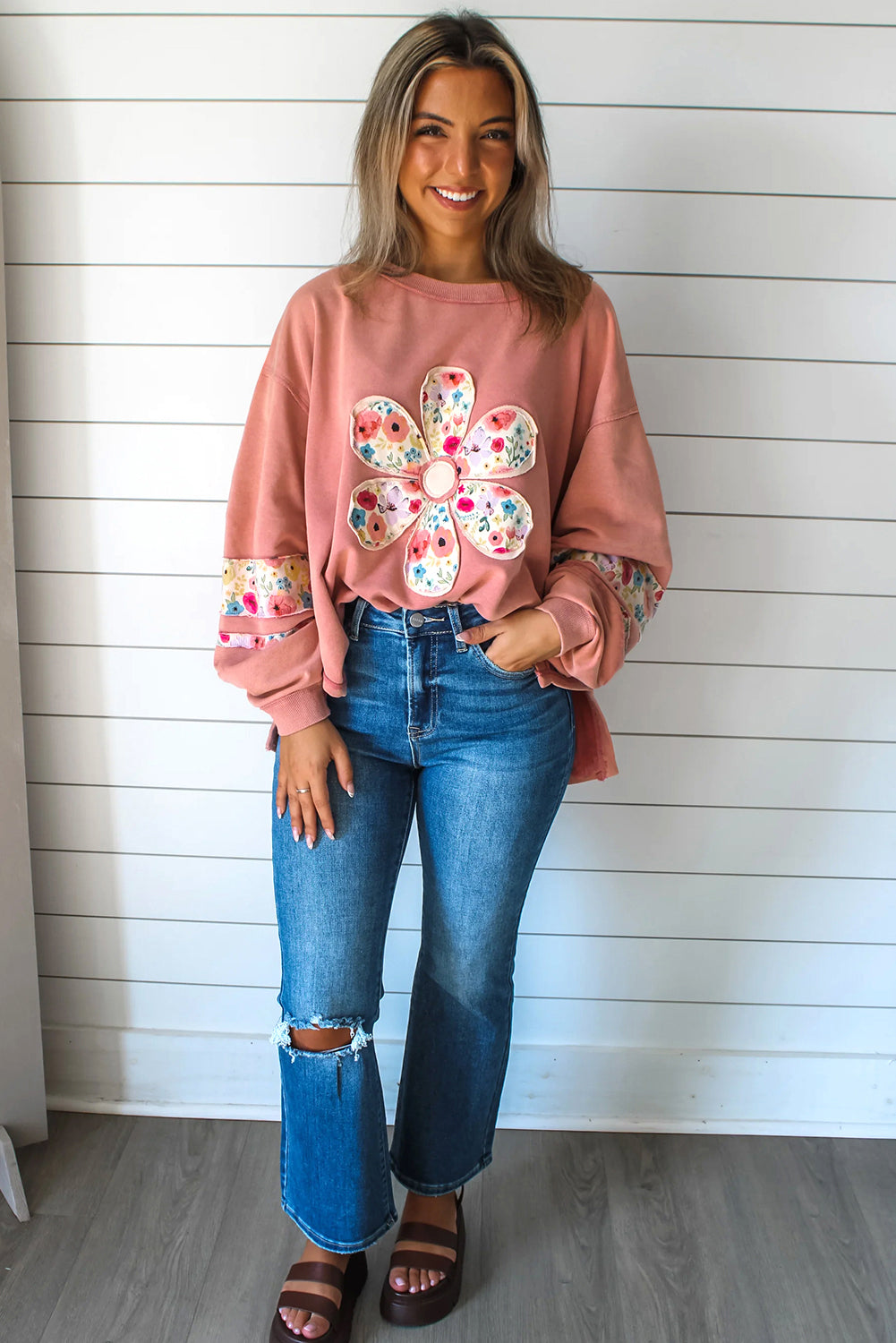 Pale Khaki Flower Applique Patchwork Drop Sleeve Pullover Sweatshirt