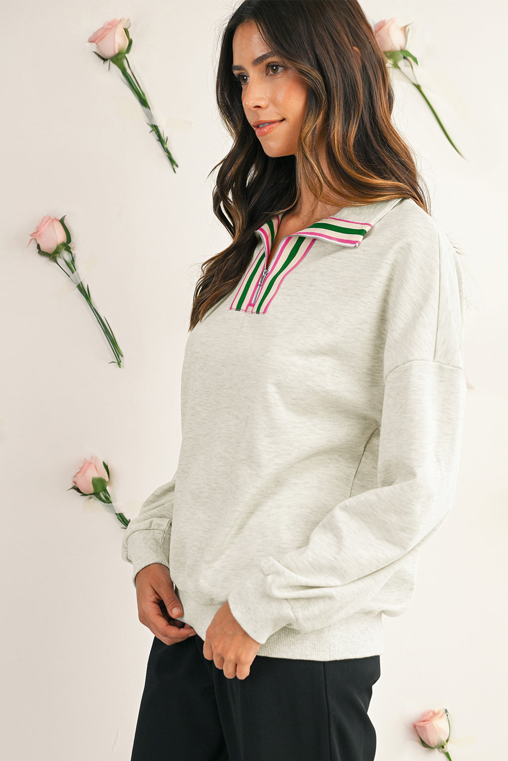 Vineyard Green Pop of Color Collared Patchwork Pullover Sweatshirt
