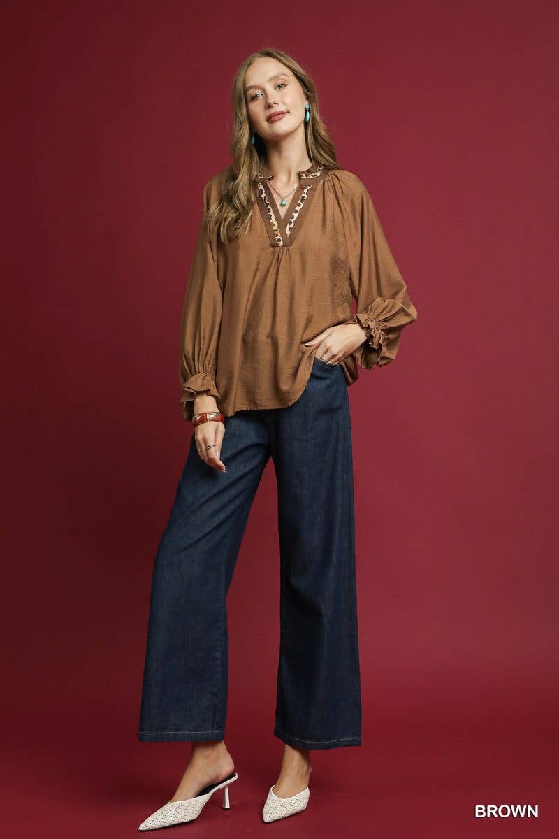 Leopard Trim V-neck Blouse