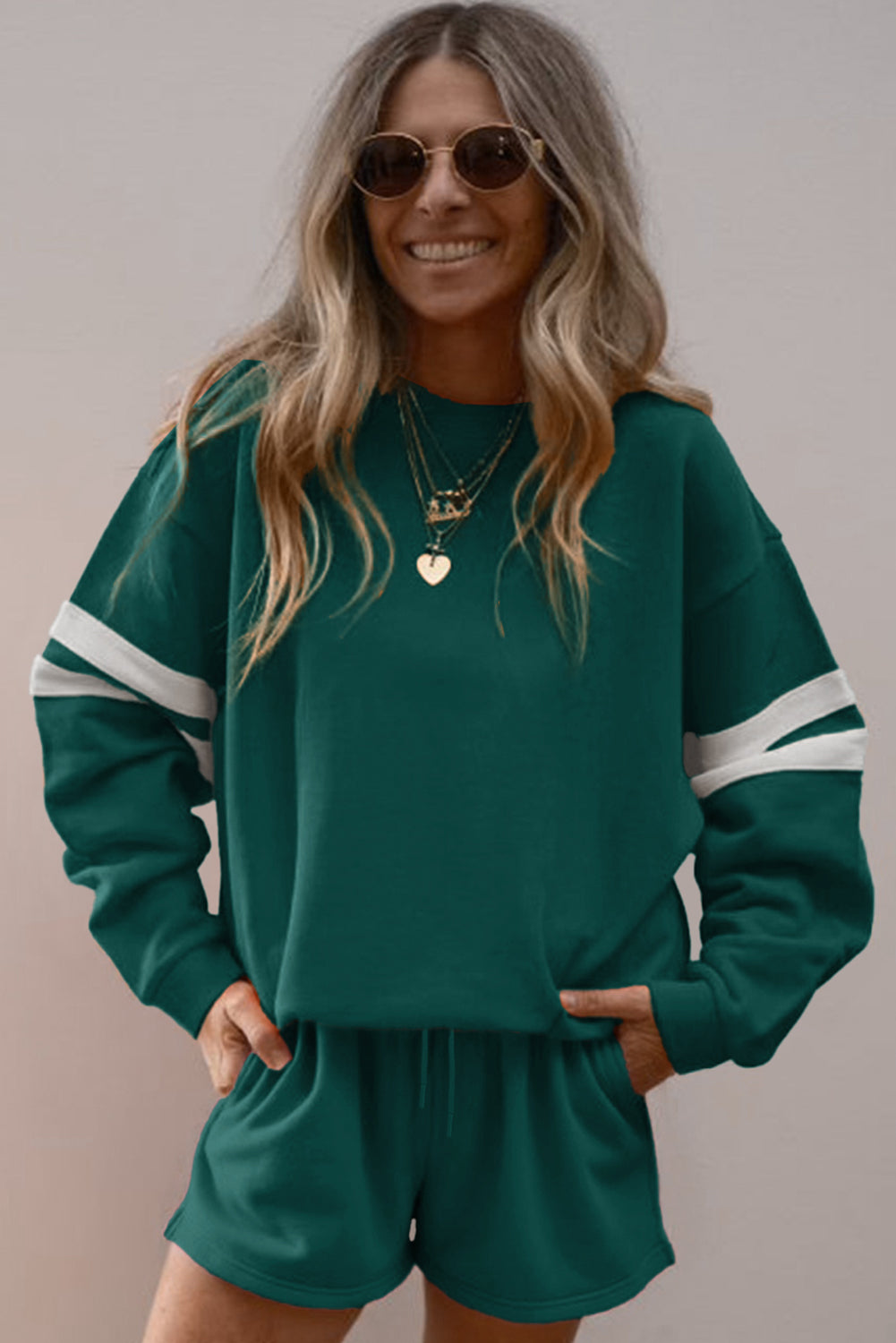 Evergreen Varsity Striped Sleeve Drop Shoulder Sweatshirt and Shorts Set