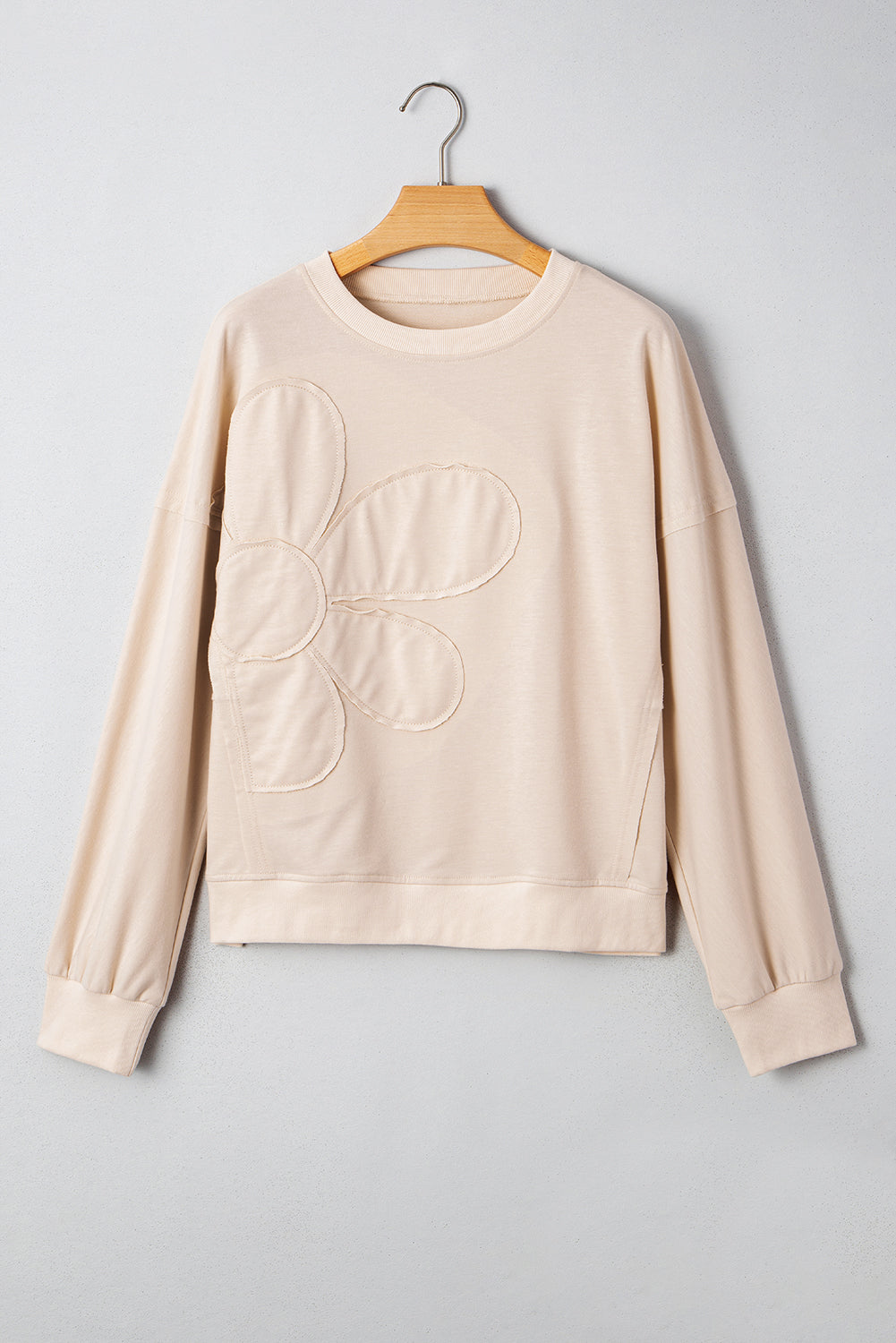 Coffee Raw Edge Flower Patch Drop Shoulder Long Sleeve Top