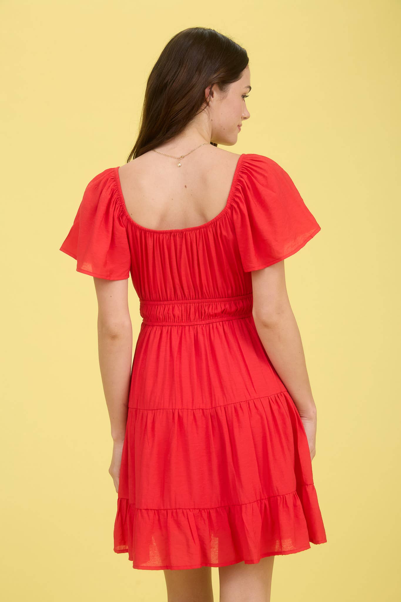Front Tie Strap Short Sleeve Tiered Mini Dress