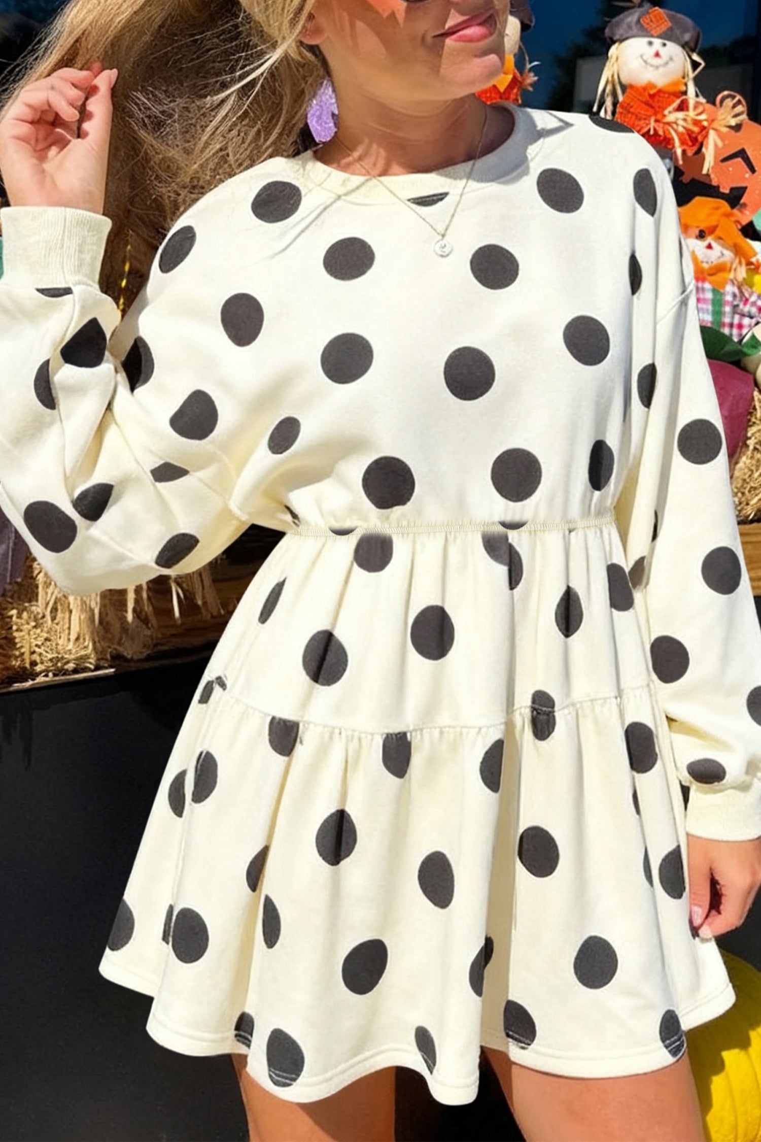 White Polka Dot Printed Long Sleeve Flared Mini Dress Magnolia Threads White Polka Dot Printed Long Sleeve Flared Mini Dress Magnolia Threads