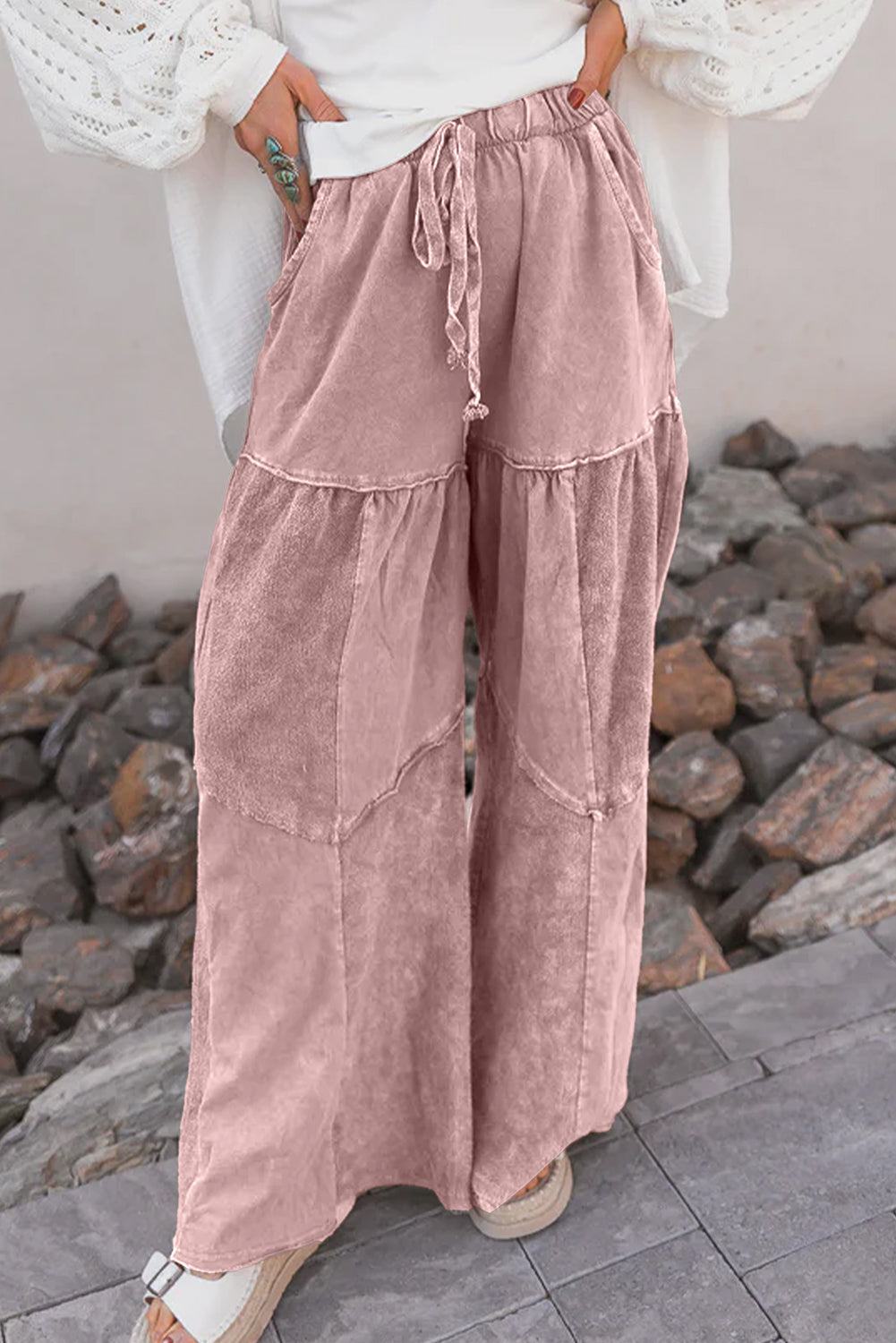 Black Mineral Wash Tiered Wide Leg Patchwork Drawstring Pants