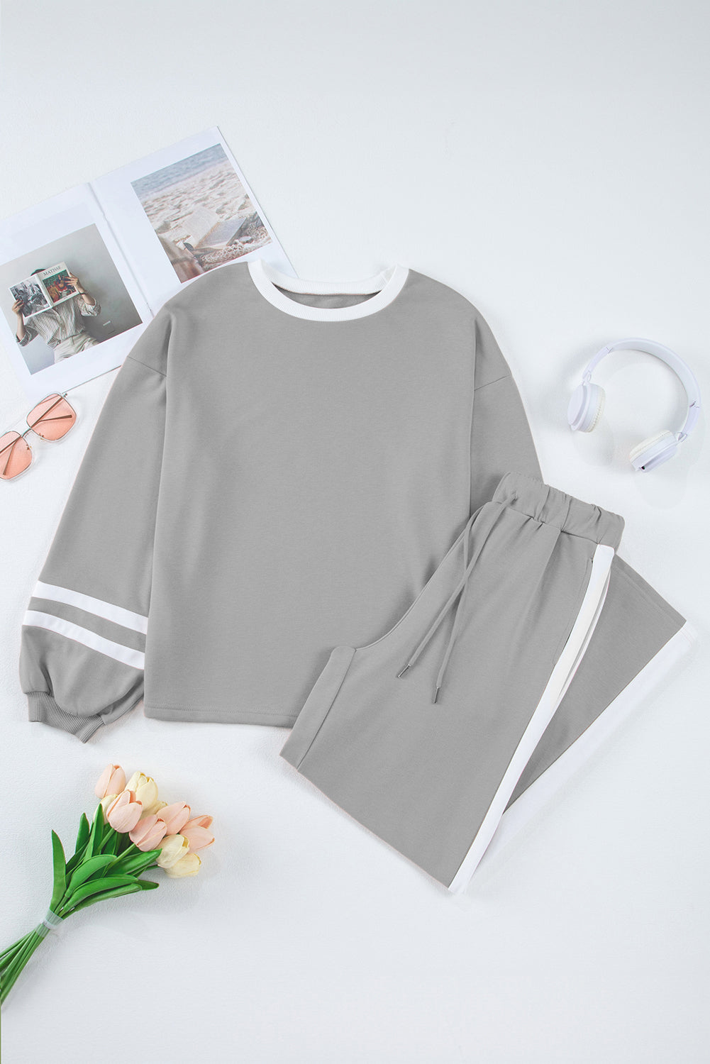 Black Contrast Trim Long Sleeve Pullover and Pants Set