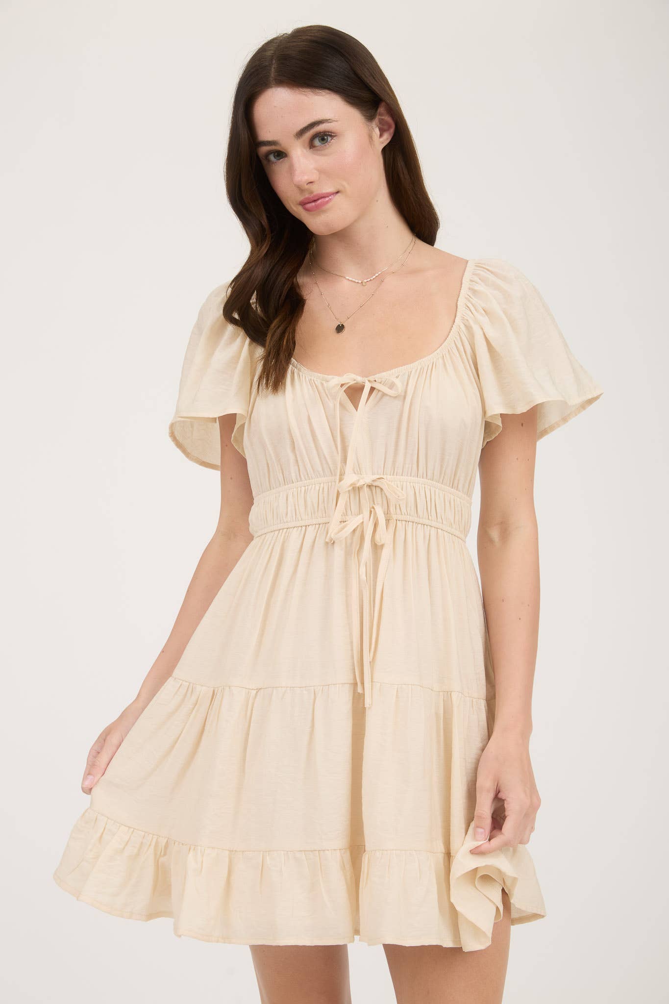 FRONT TIE STRAP SHORT SLEEVE TIERED MINI Dress