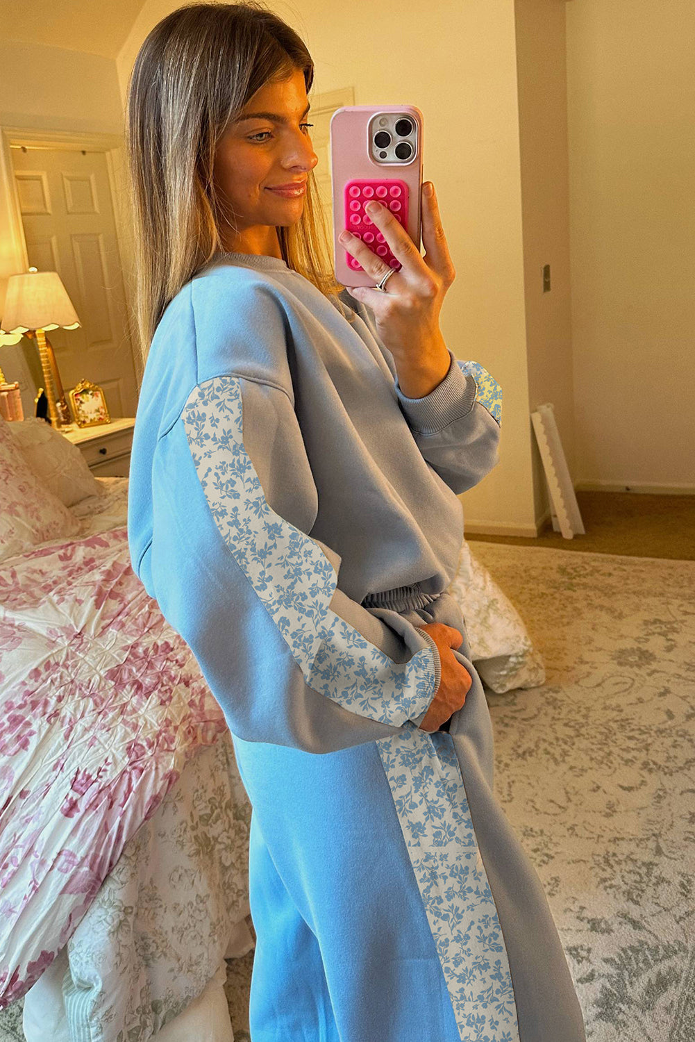 Beau Blue Floral Patchwork Drop Shoulder Pullover and Sweatpants Lounge Set