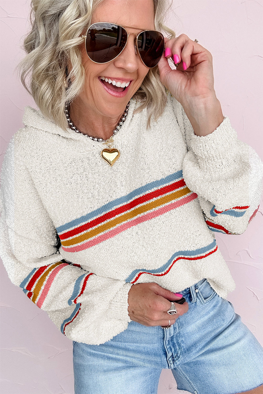 White Casual Striped Drop Sleeve Hooded Sweater