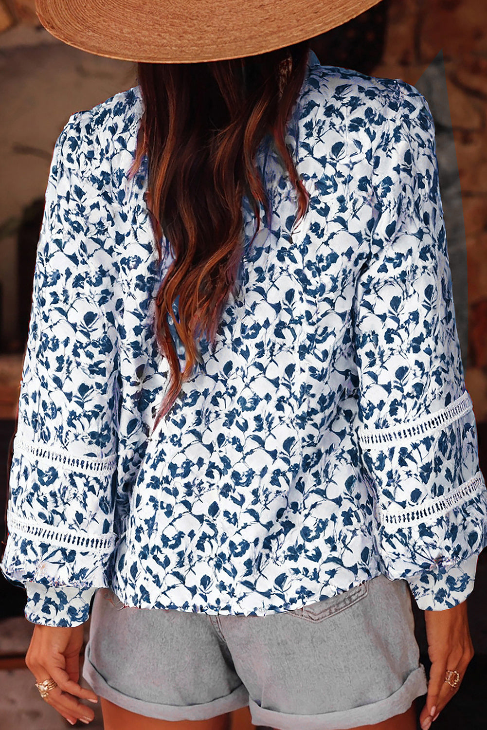 Khaki Printed Floral Print Lace Detail Puff Sleeve Fall Shirt