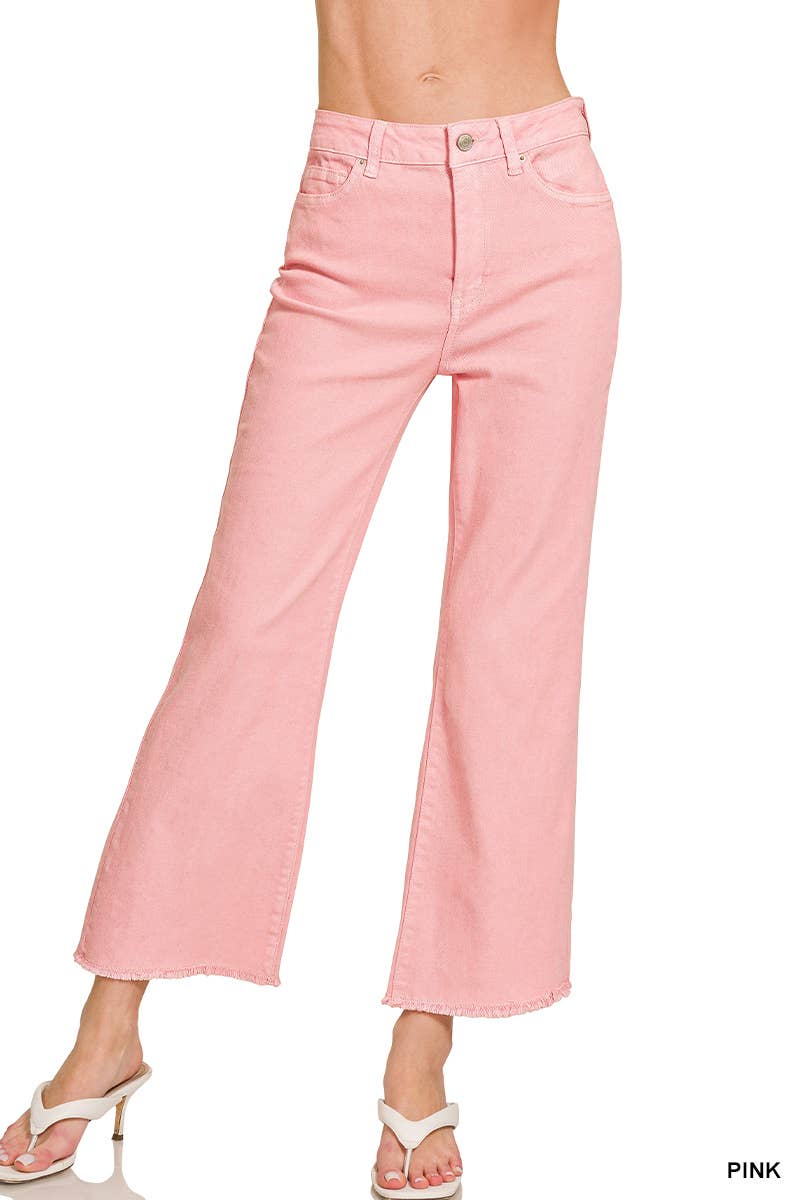 Zenana Acid Washed High Waist Frayed Hem Bootcut Pants: SAND BEIGE