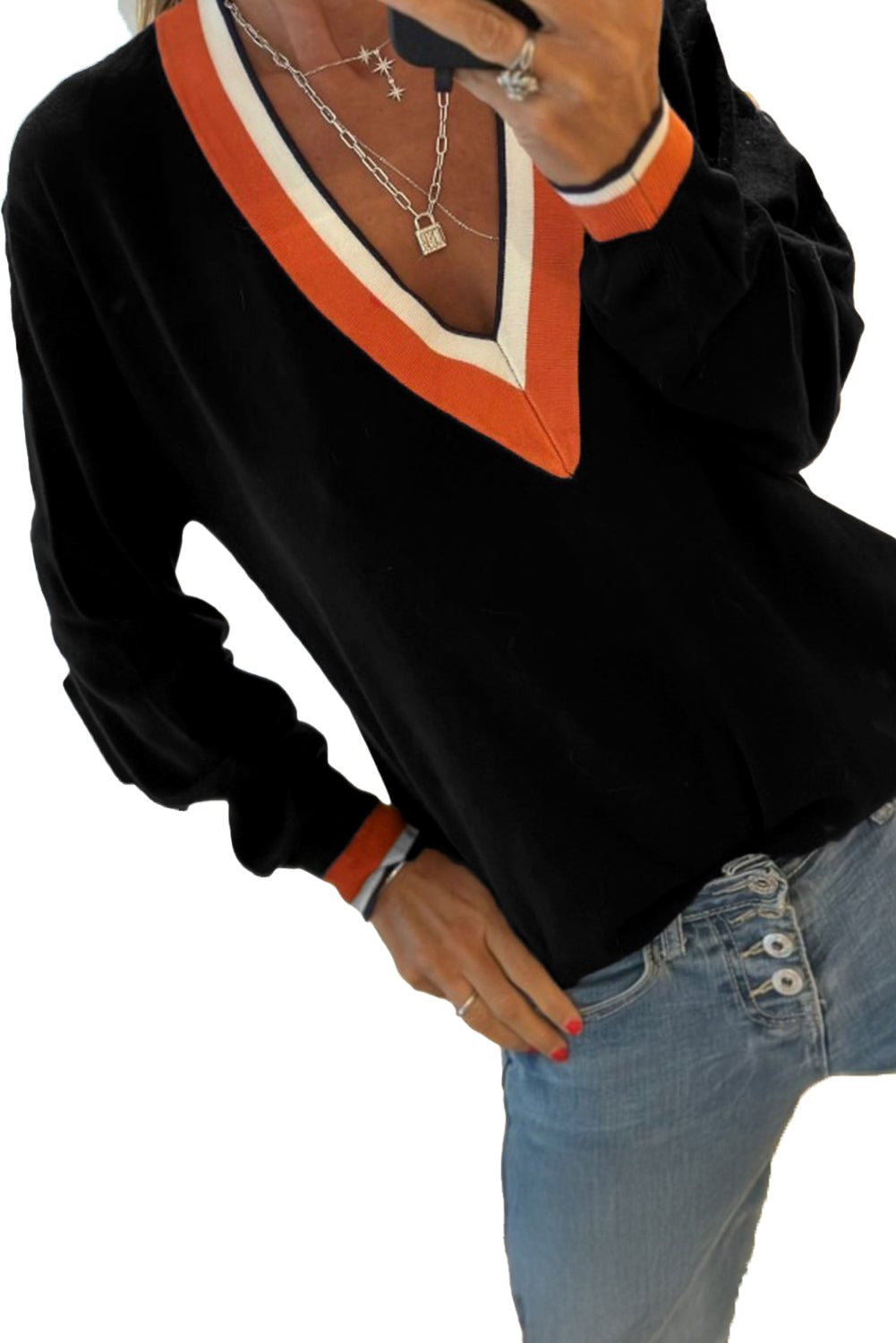 Black Contrast Striped Trim V Neck Knit Sweater