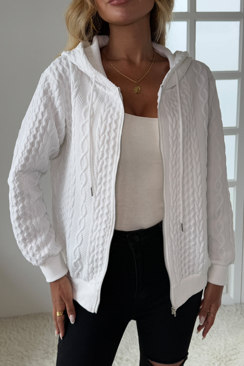 White Plain Jacquard Zipper Hoodie