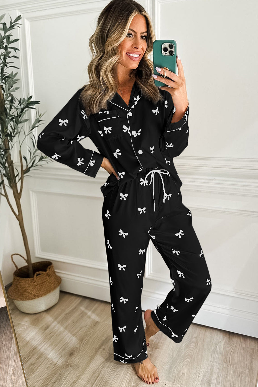 Black Bows Print Drawstring Two Piece Pajama Set