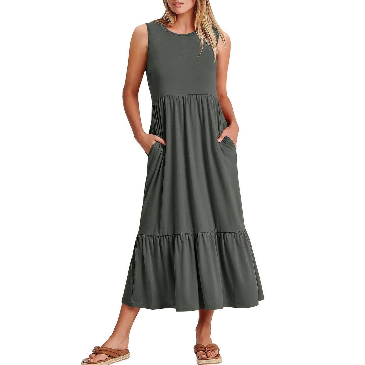 Ladies Sleeveless Simple Midi Dress, Pockets