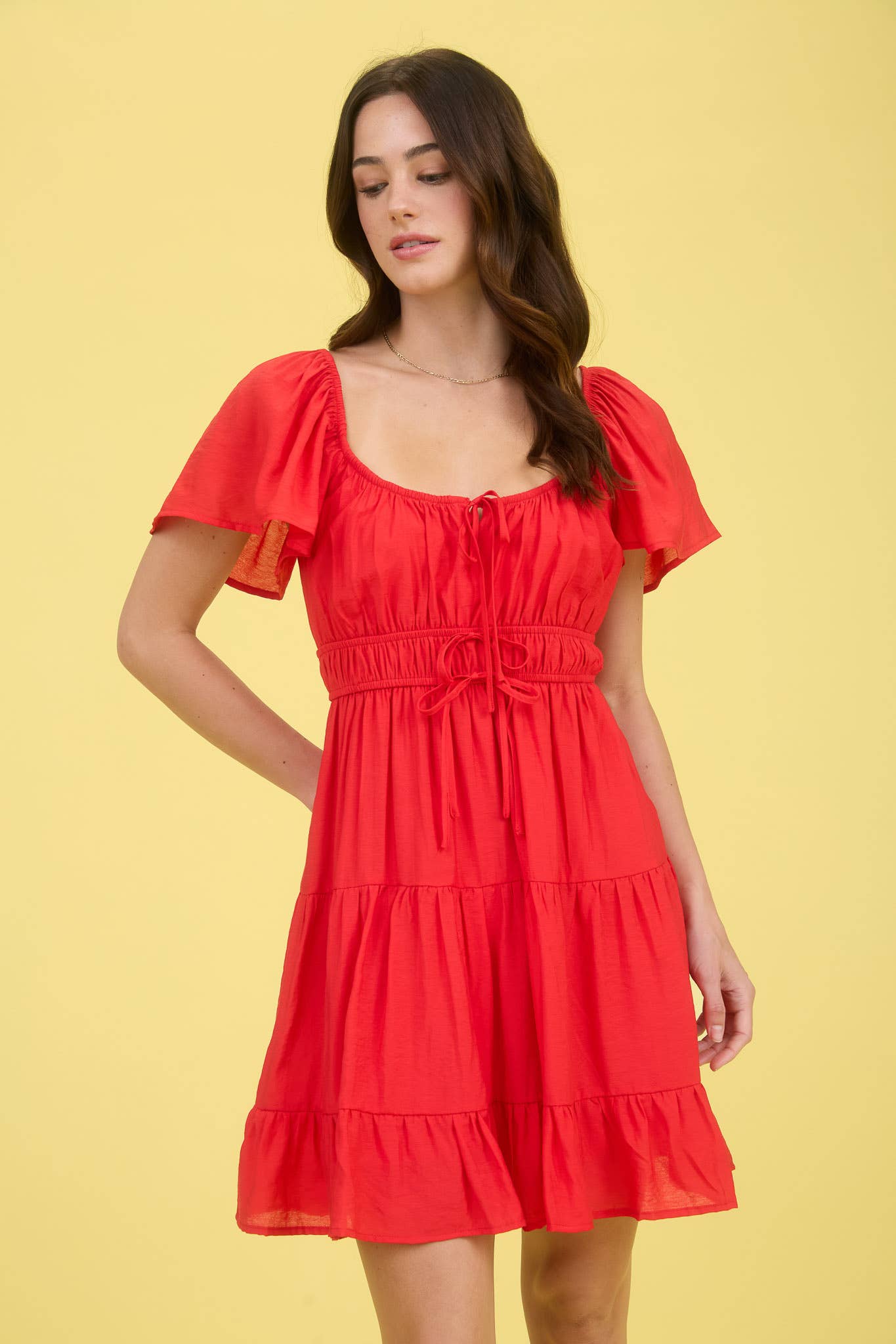 Front Tie Strap Short Sleeve Tiered Mini Dress