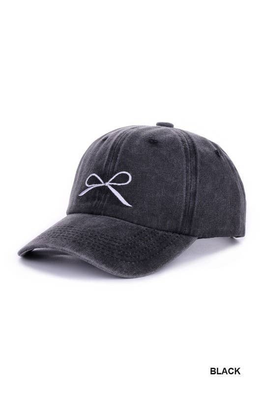 Coquette Ribbon Bow Embroidery Washed Hat: HOT PINK / 1 (ONE SIZE)