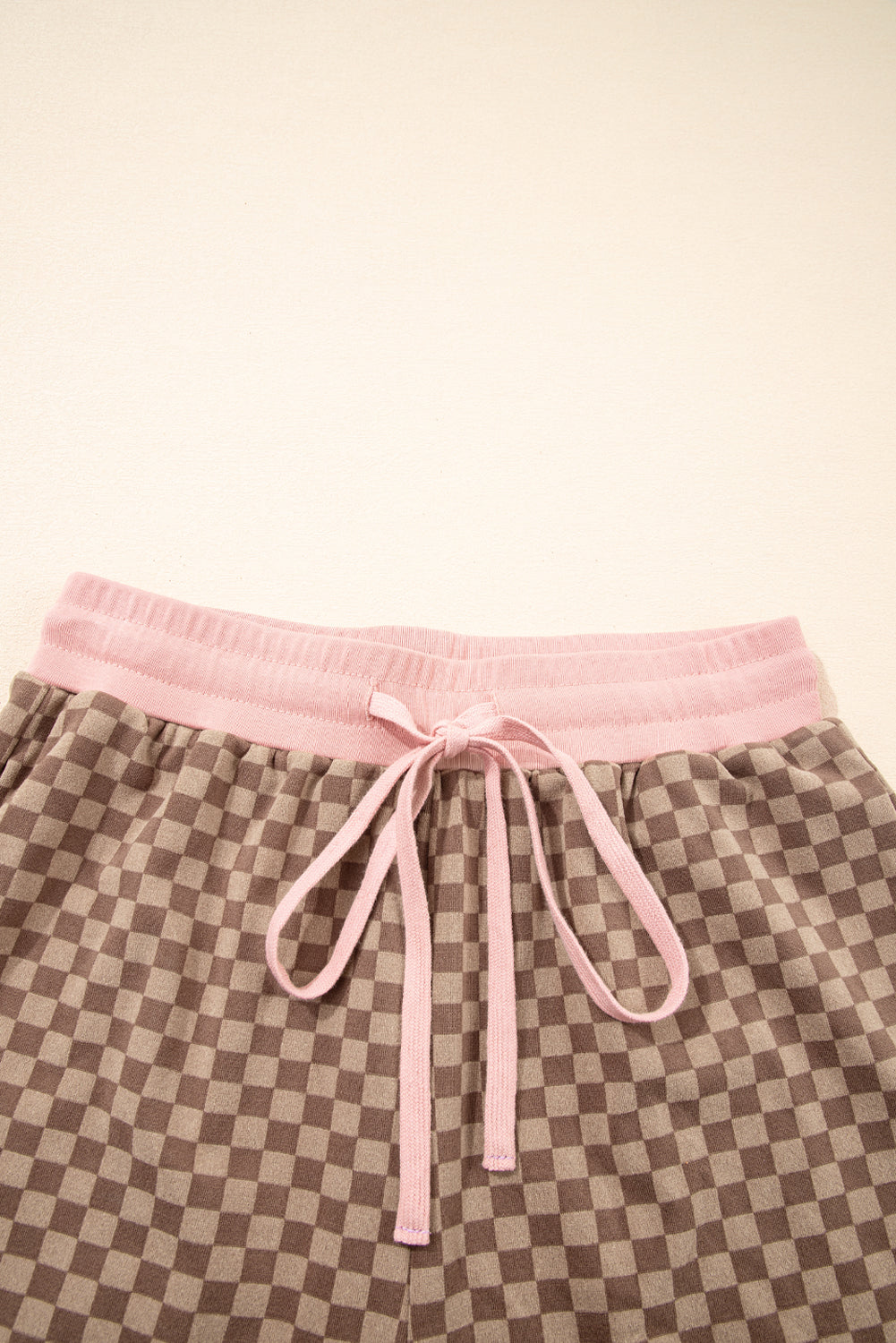 Brown Checkerboard Contrast Trim Long Sleeve Pullover and Shorts Set