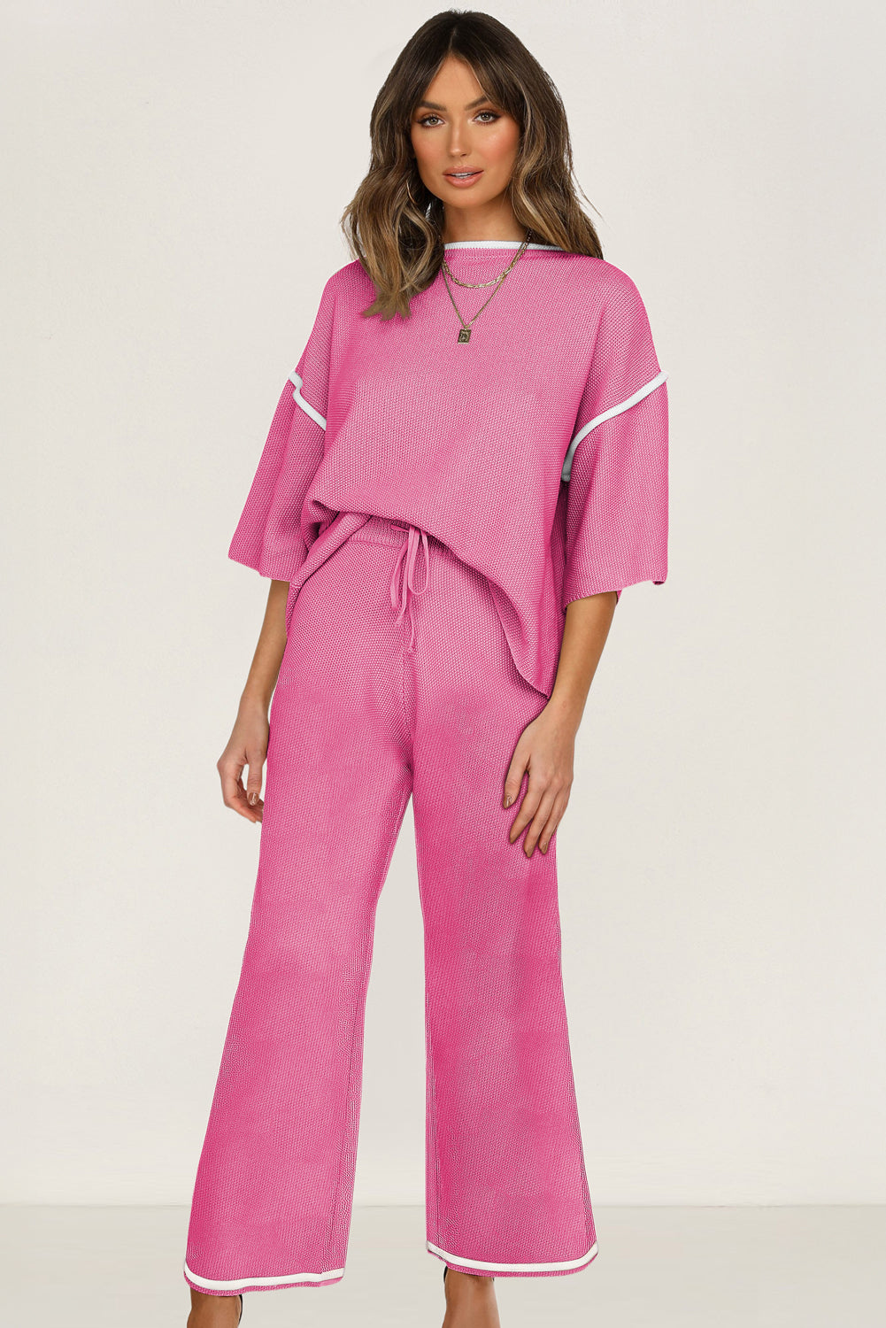 Bright Pink Loose Contrast Trim Half Sleeve Top and Drawstring Pants Set