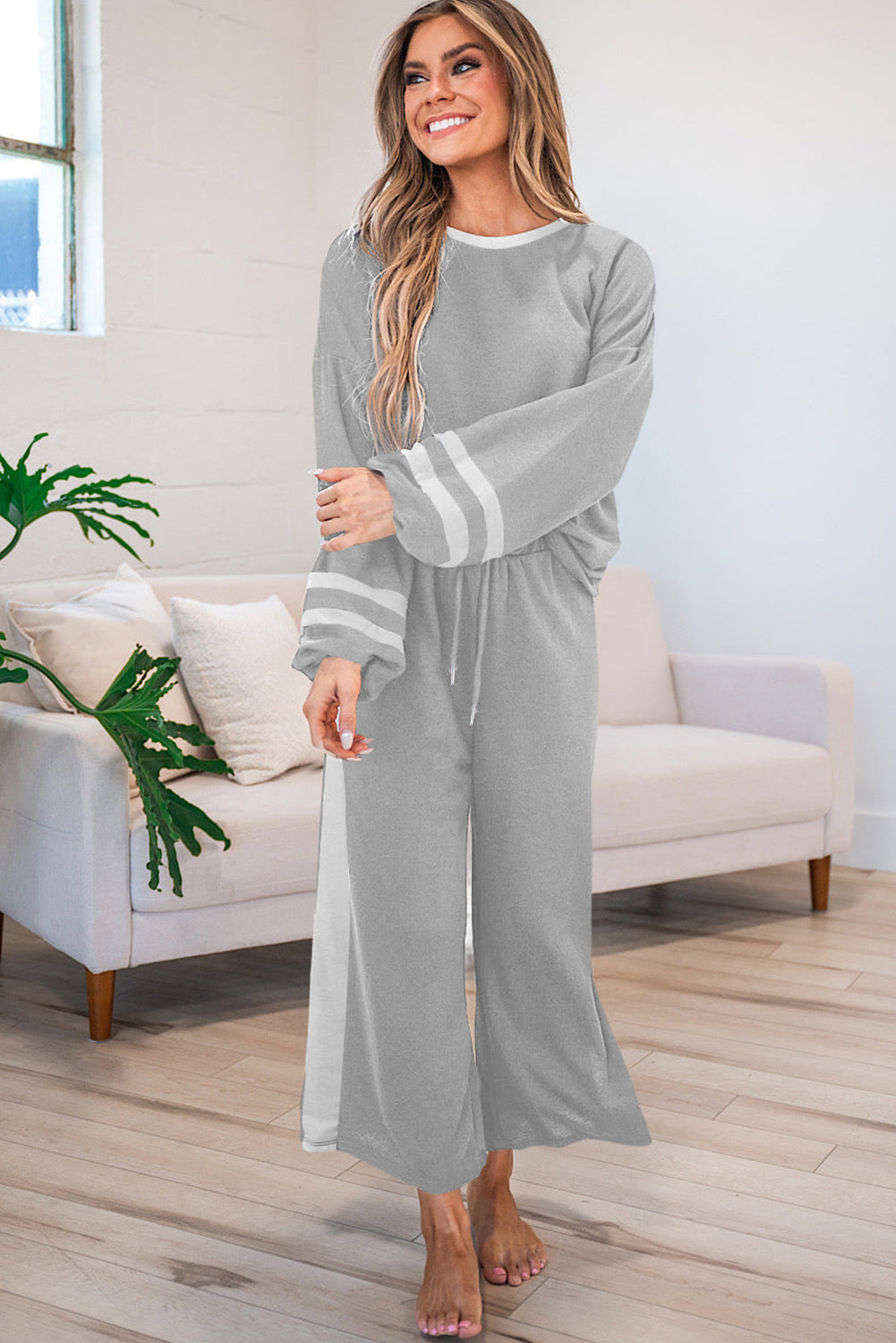 Black Contrast Trim Long Sleeve Pullover and Pants Set