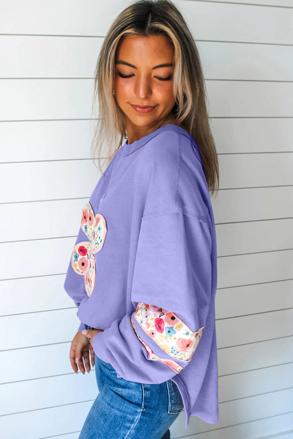 Pale Khaki Flower Applique Patchwork Drop Sleeve Pullover Sweatshirt