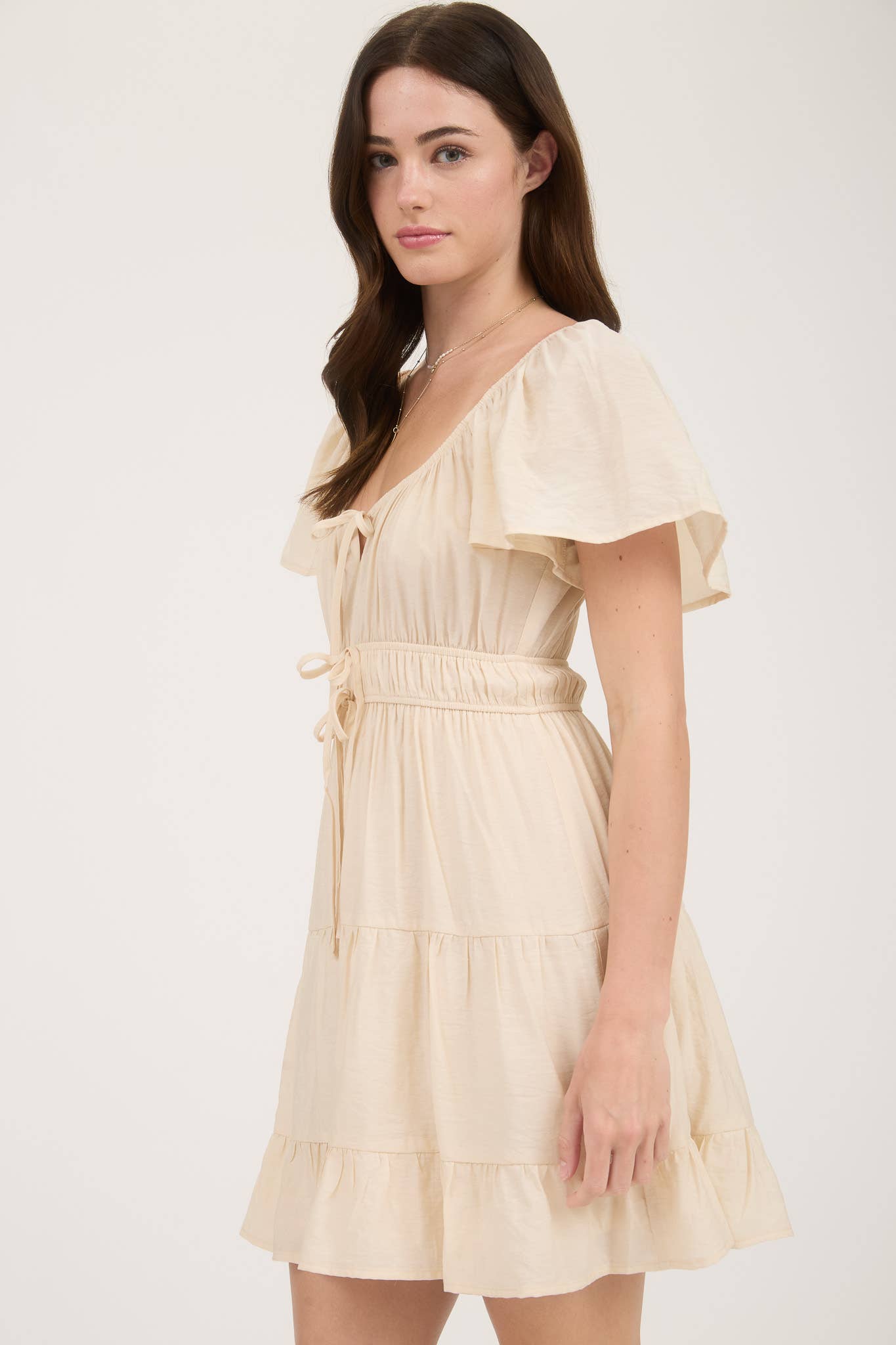 FRONT TIE STRAP SHORT SLEEVE TIERED MINI Dress