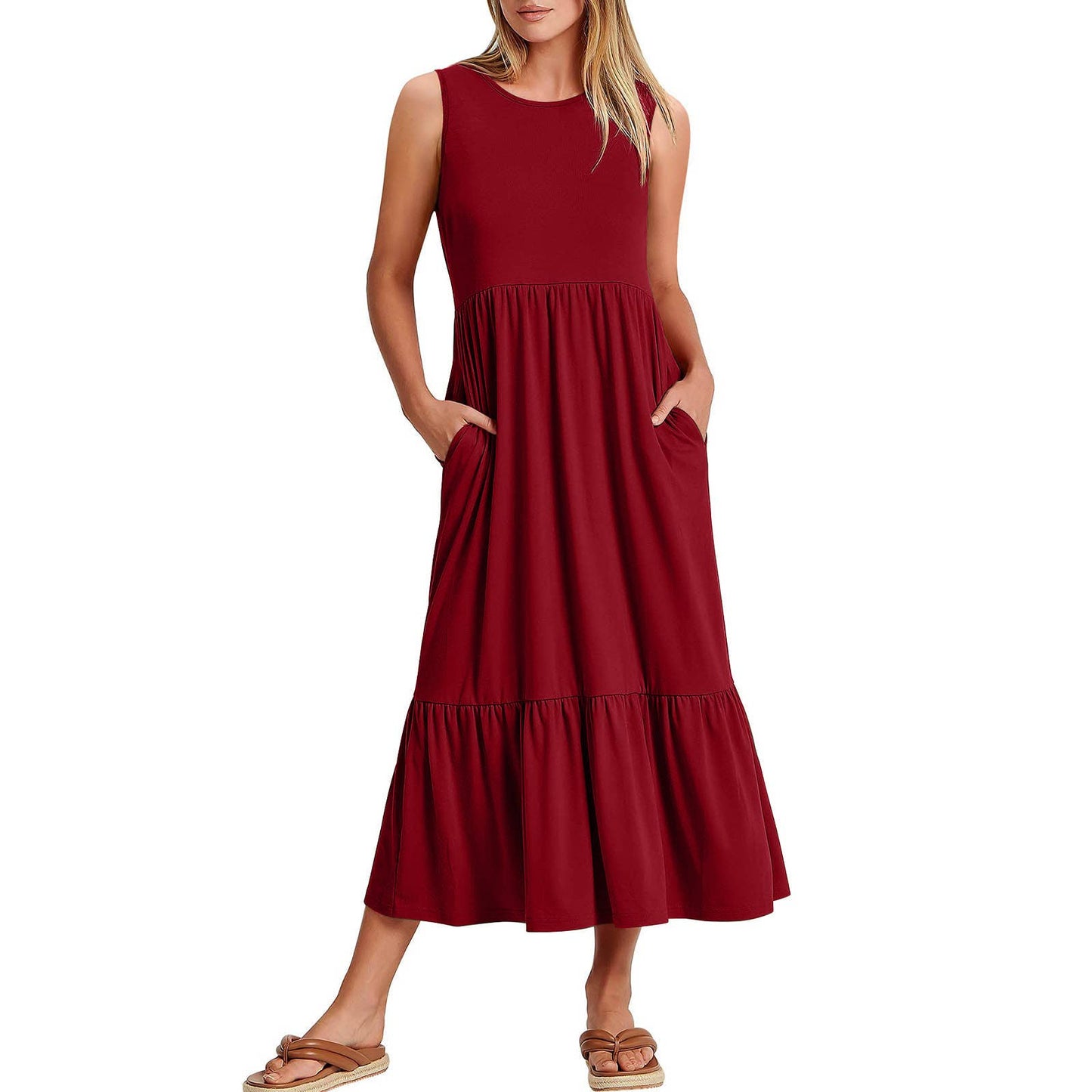 Ladies Sleeveless Simple Midi Dress, Pockets
