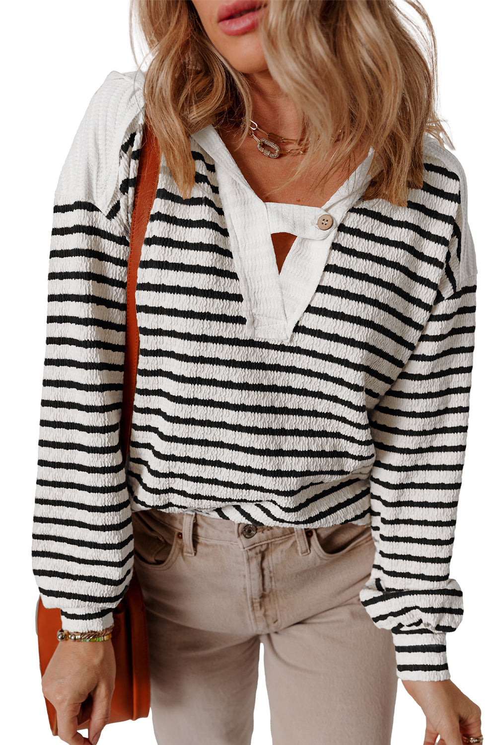 Black Stripe Textured Hooded Long Sleeve Top