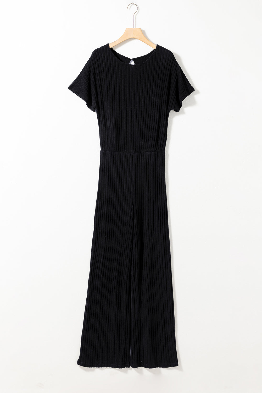 Black Ribbed Keyhole Short Sleeve Wide Leg Jumpsuit