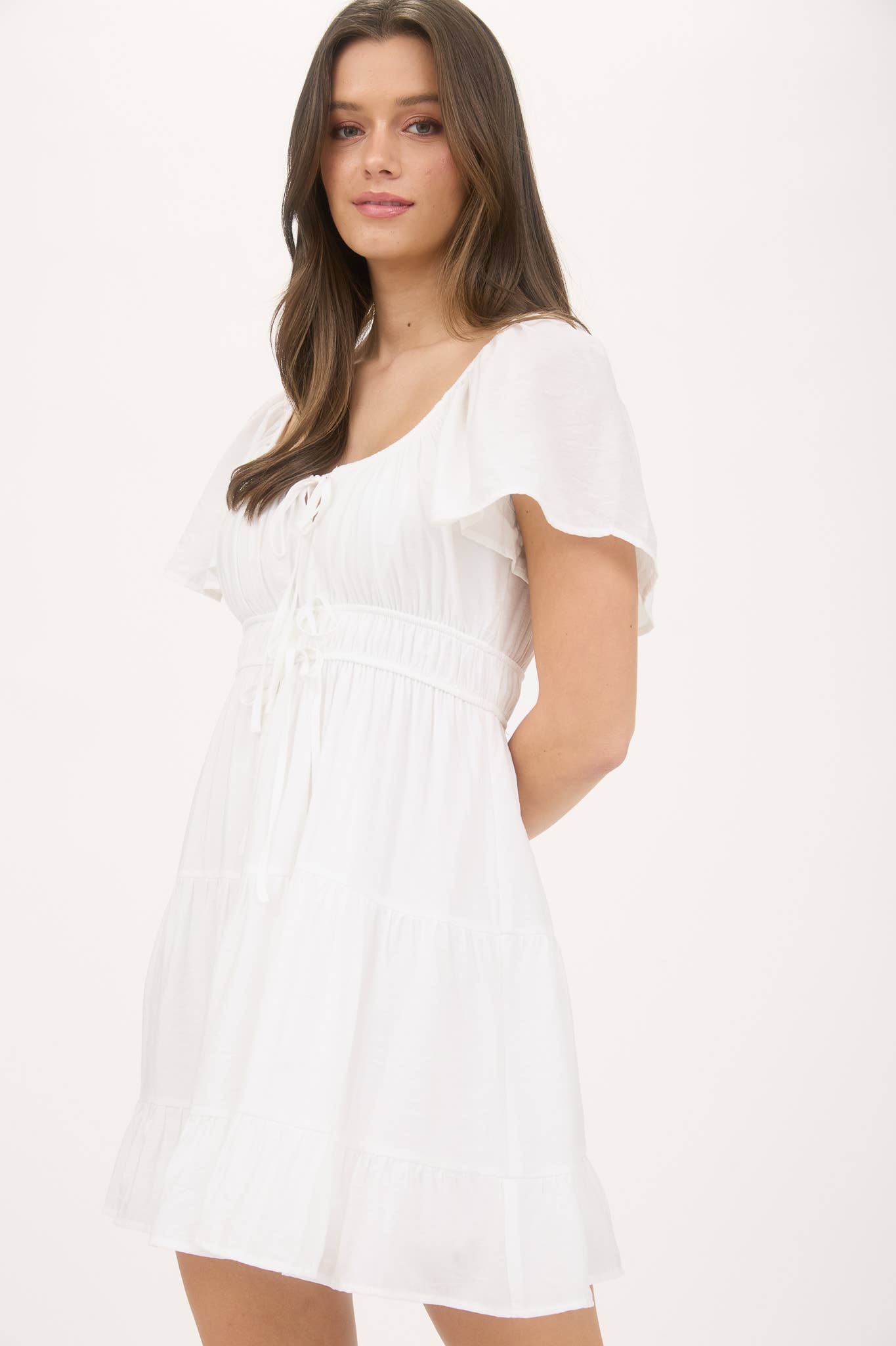 Front Tie Strap Short Sleeve Tiered Mini Dress