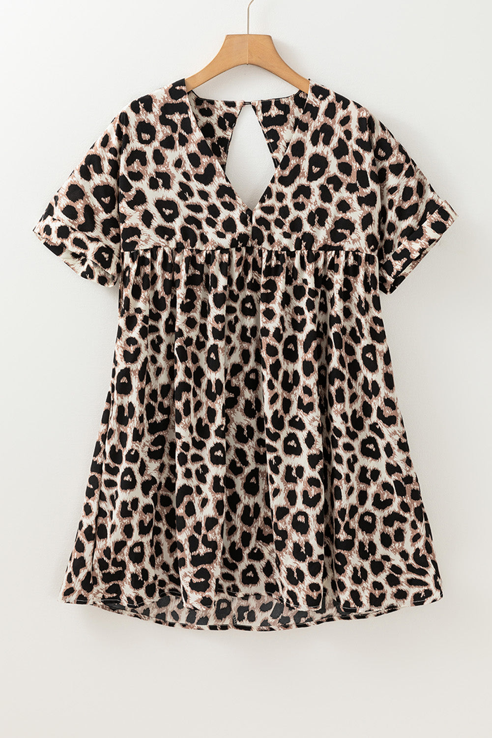 Khaki Leopard Print Backless V Neck Loose Fit Mini Dress