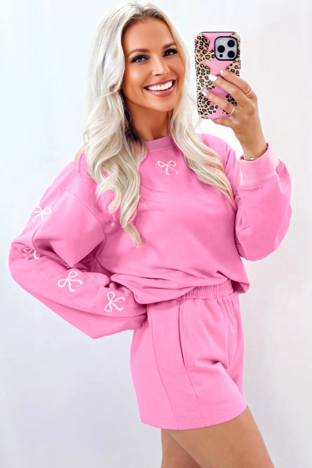 Sachet Pink Bow Embroidery Long Sleeve Pullover and High Waist Shorts Set