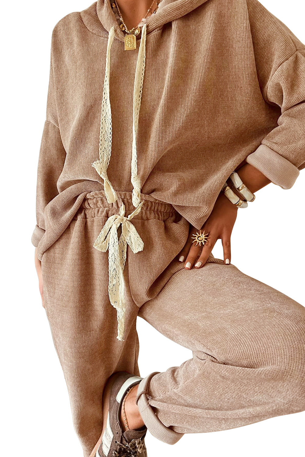 Jet Stream Drawstring Pullover Hoodie and High Waist Pants Corduroy Suit