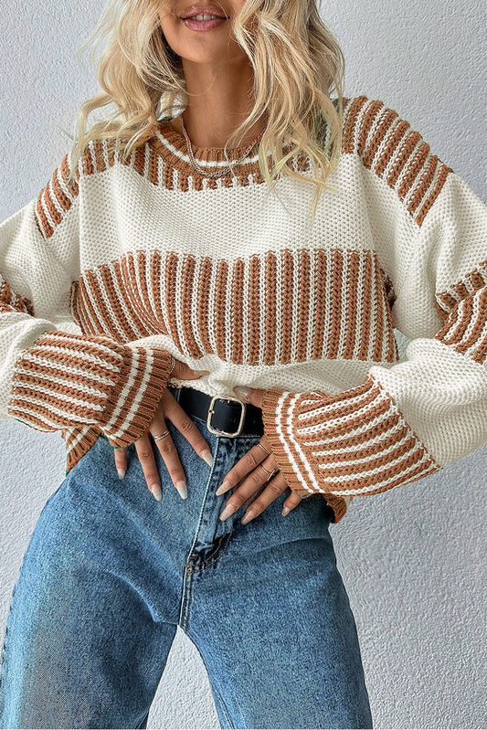 Khaki Two Tone Striped Patchwork Drop Shoulder Sweater