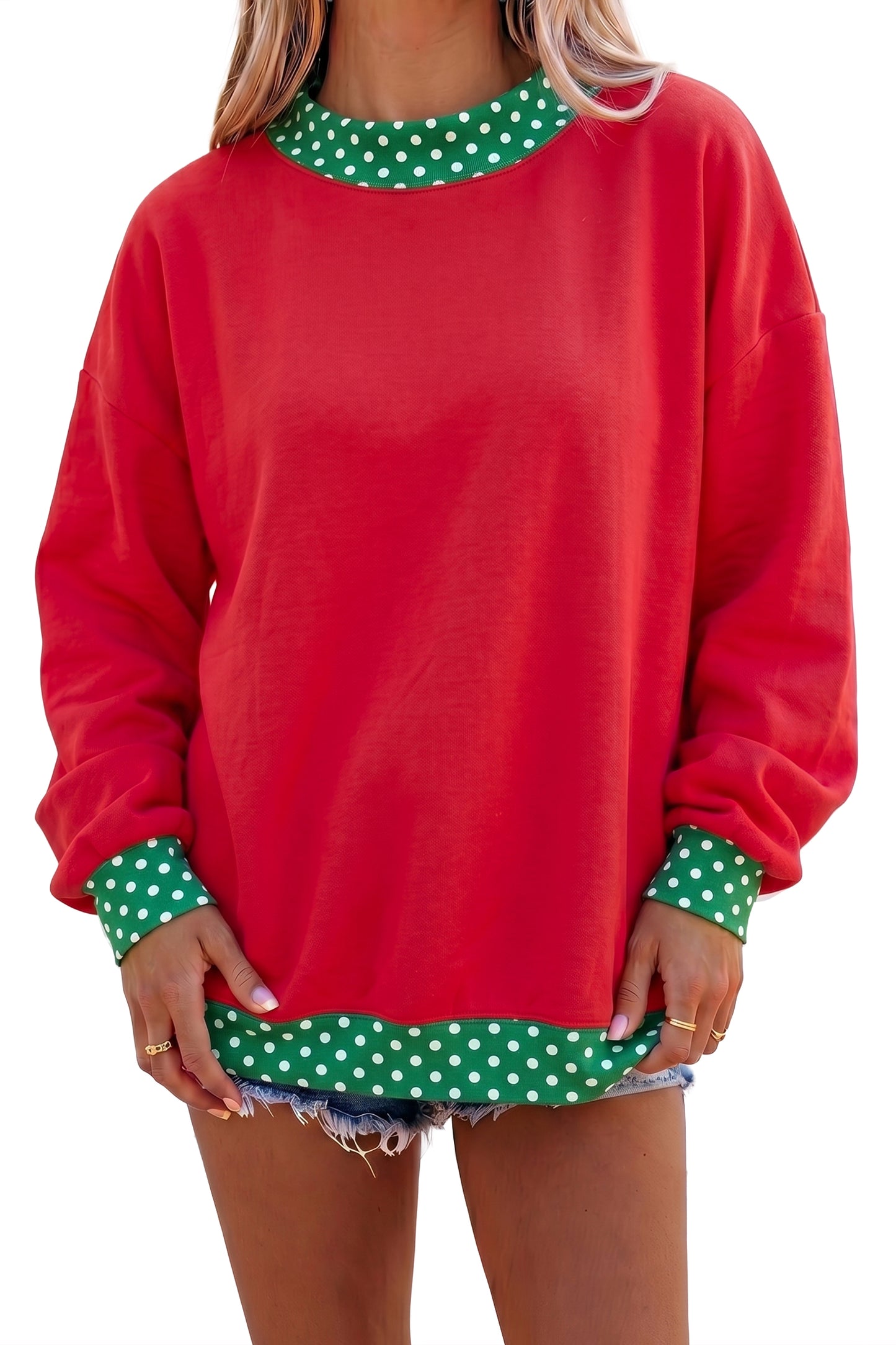 Fiery Red Colorblock Polka Dot Contrast Trim Oversized Sweatshirt