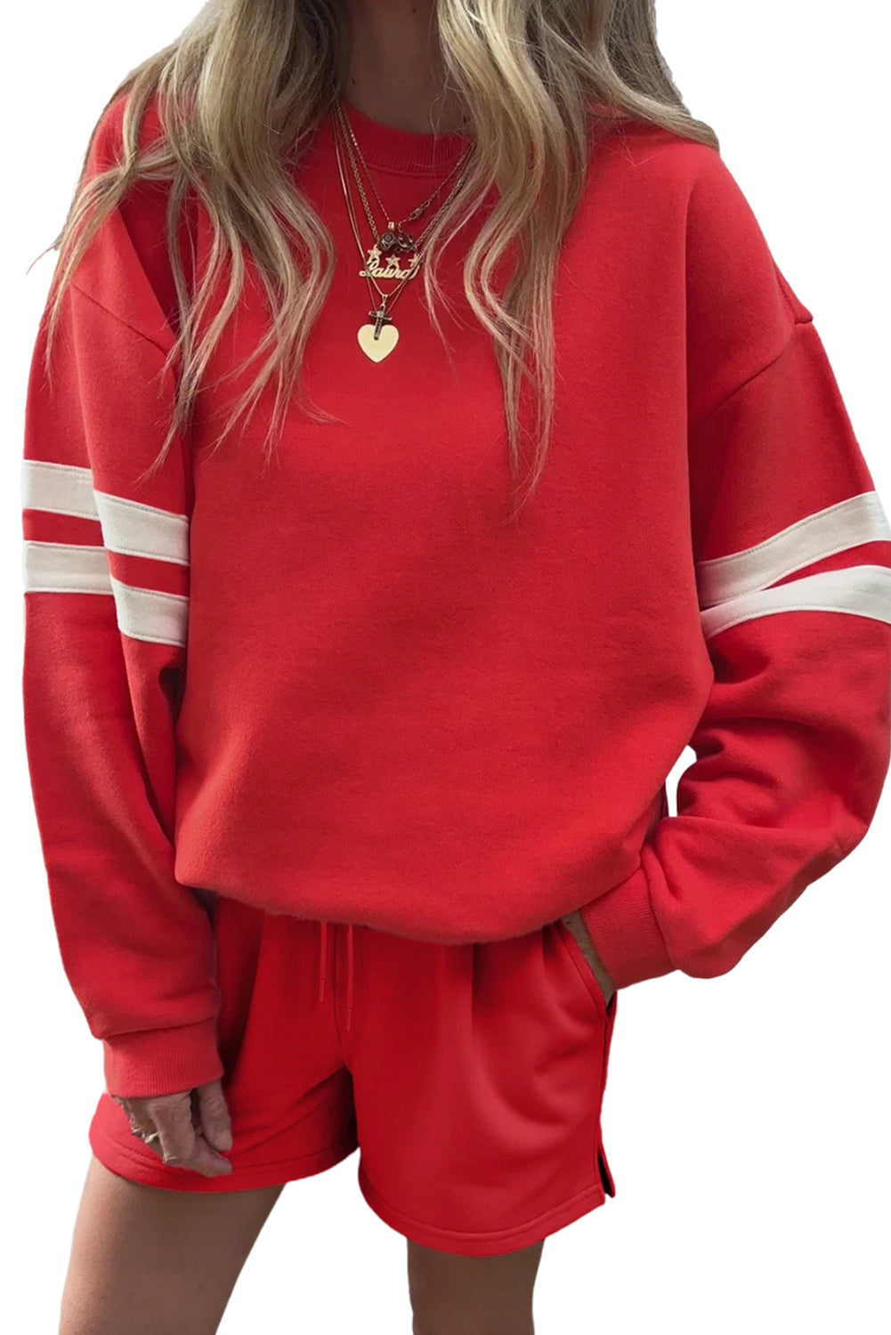 Black Varsity Striped Sleeve Drop Shoulder Sweatshirt and Shorts Set