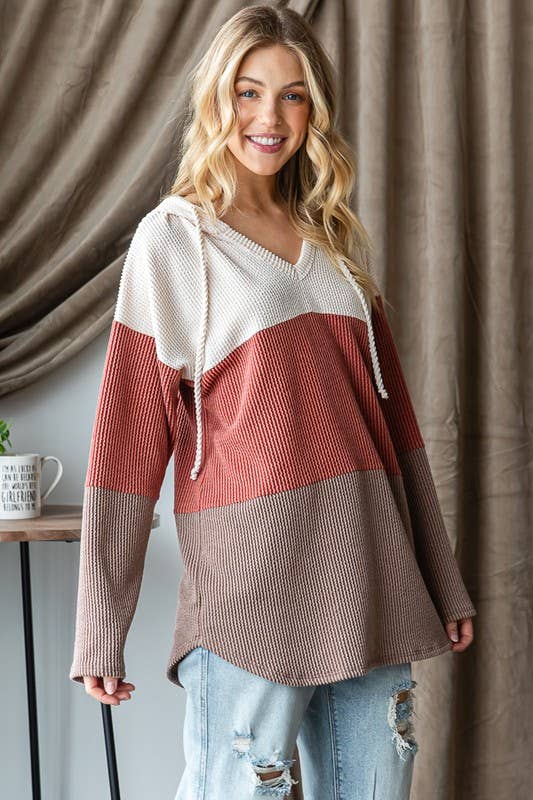 V-Neck Ribbed Drawstring Hoodie