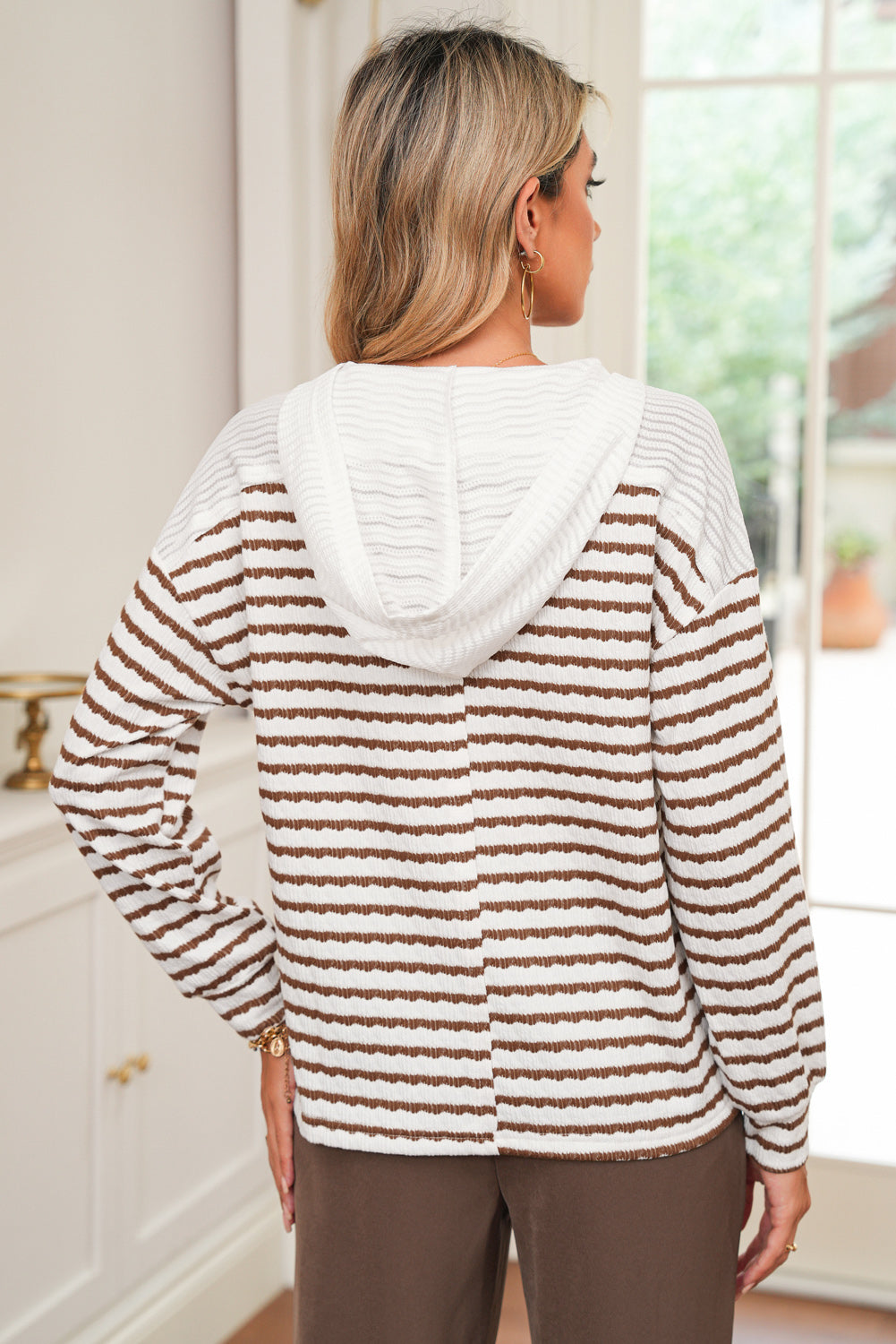 Black Stripe Textured Hooded Long Sleeve Top