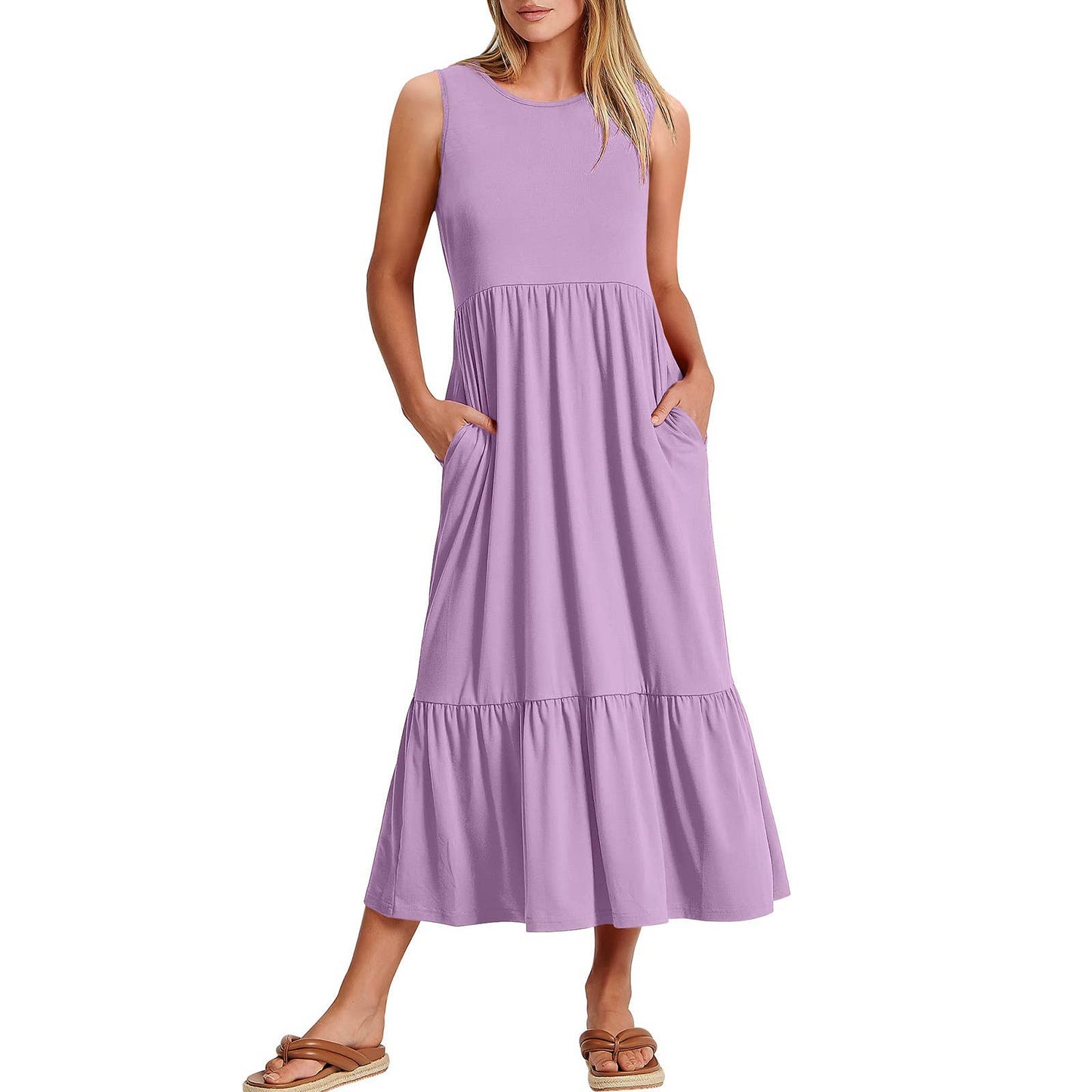 Ladies Sleeveless Simple Midi Dress, Pockets