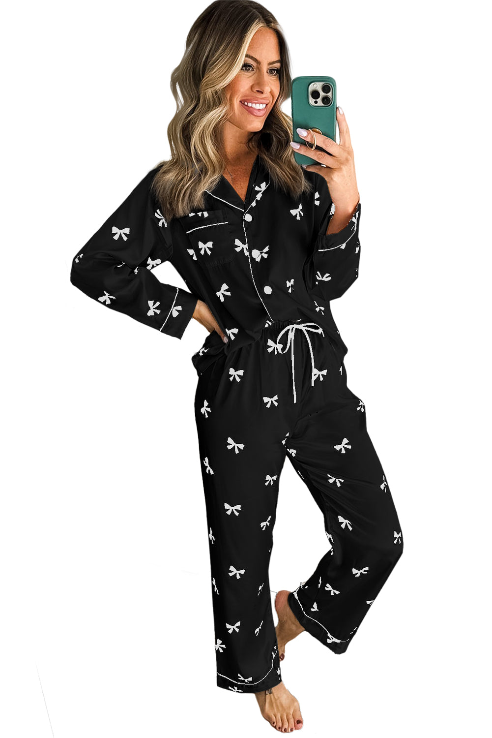 Black Bows Print Drawstring Two Piece Pajama Set