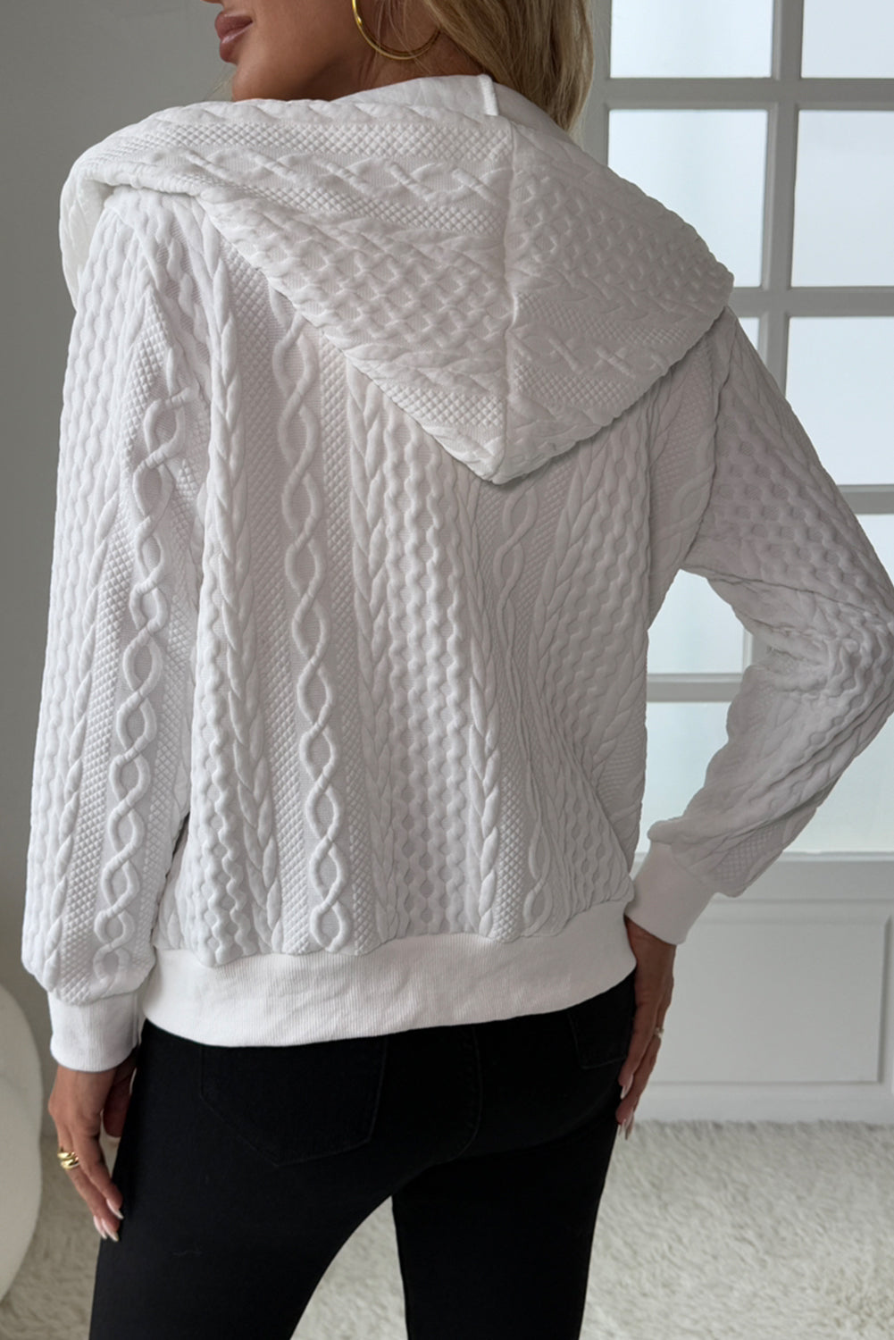 White Plain Jacquard Zipper Hoodie